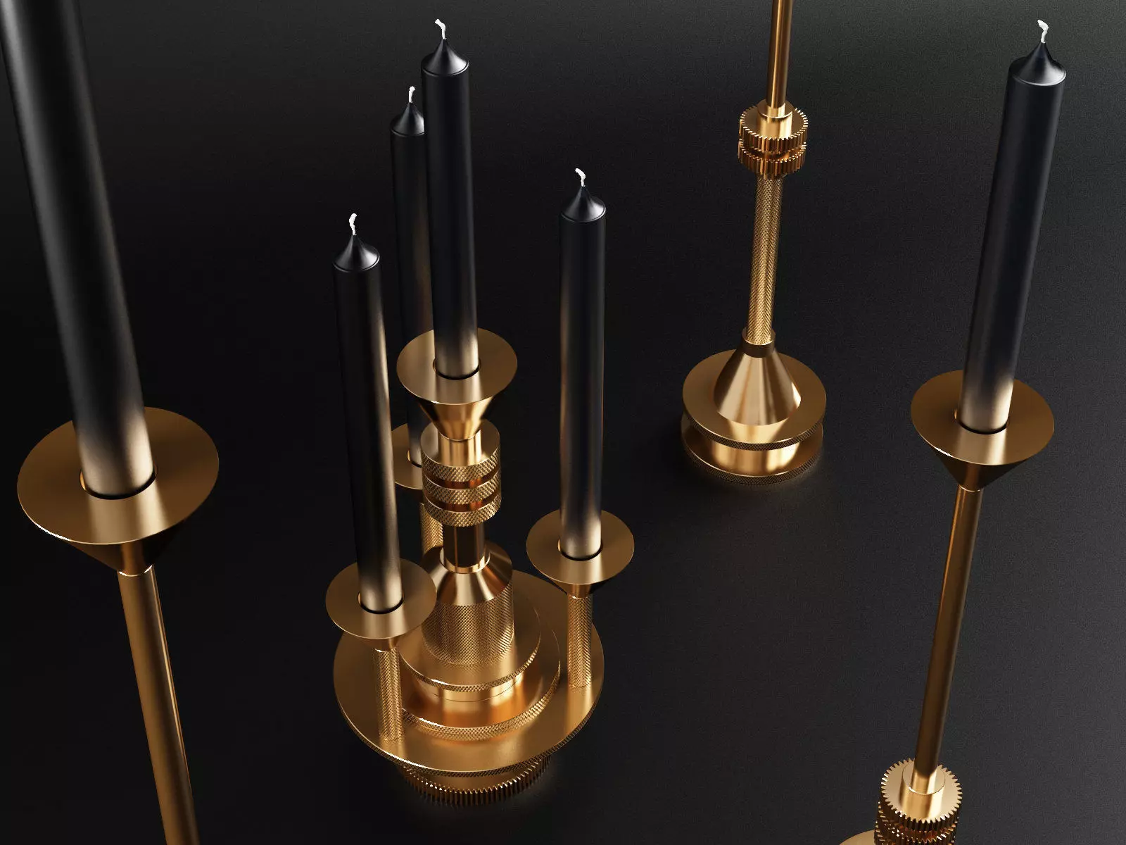 Cog gold candle holder with three candles 3D model_6