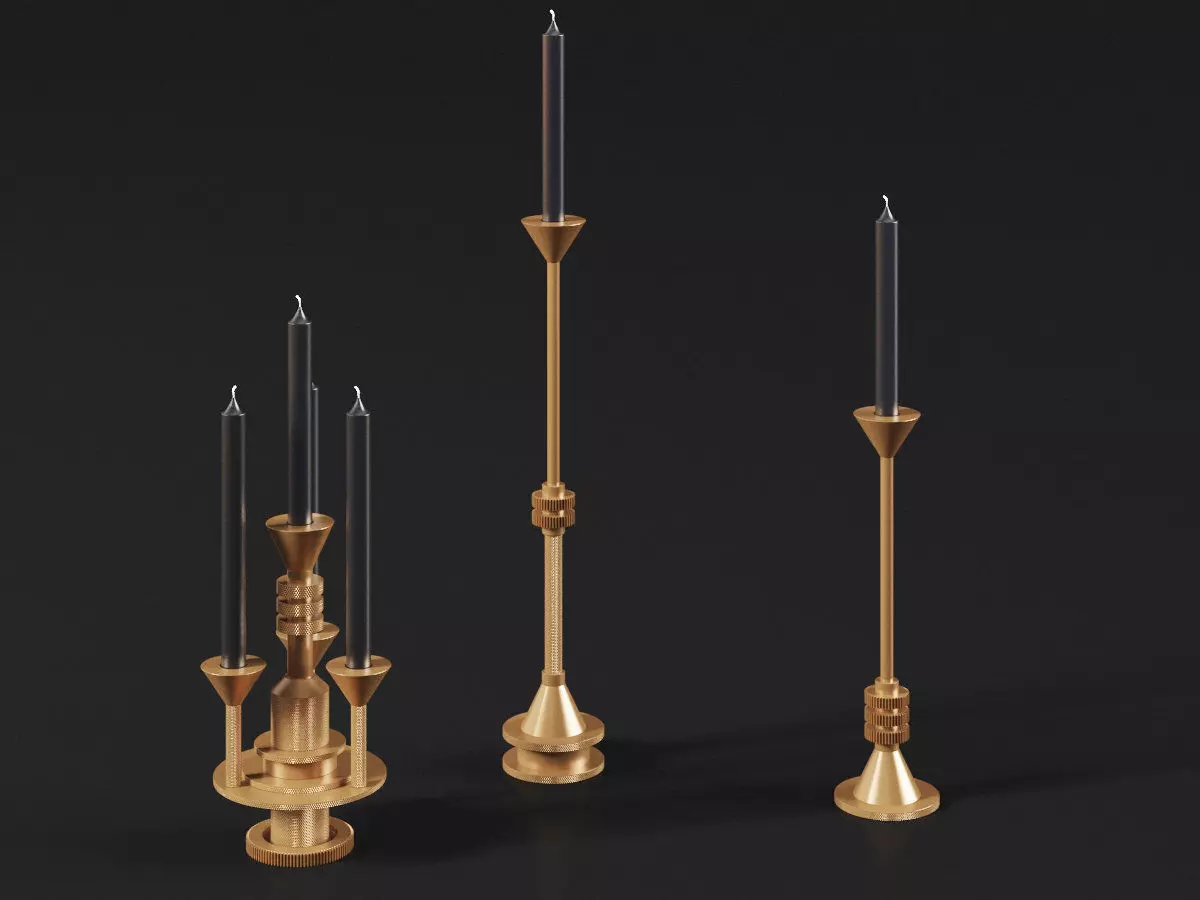 Cog gold candle holder with three candles 3D model_0