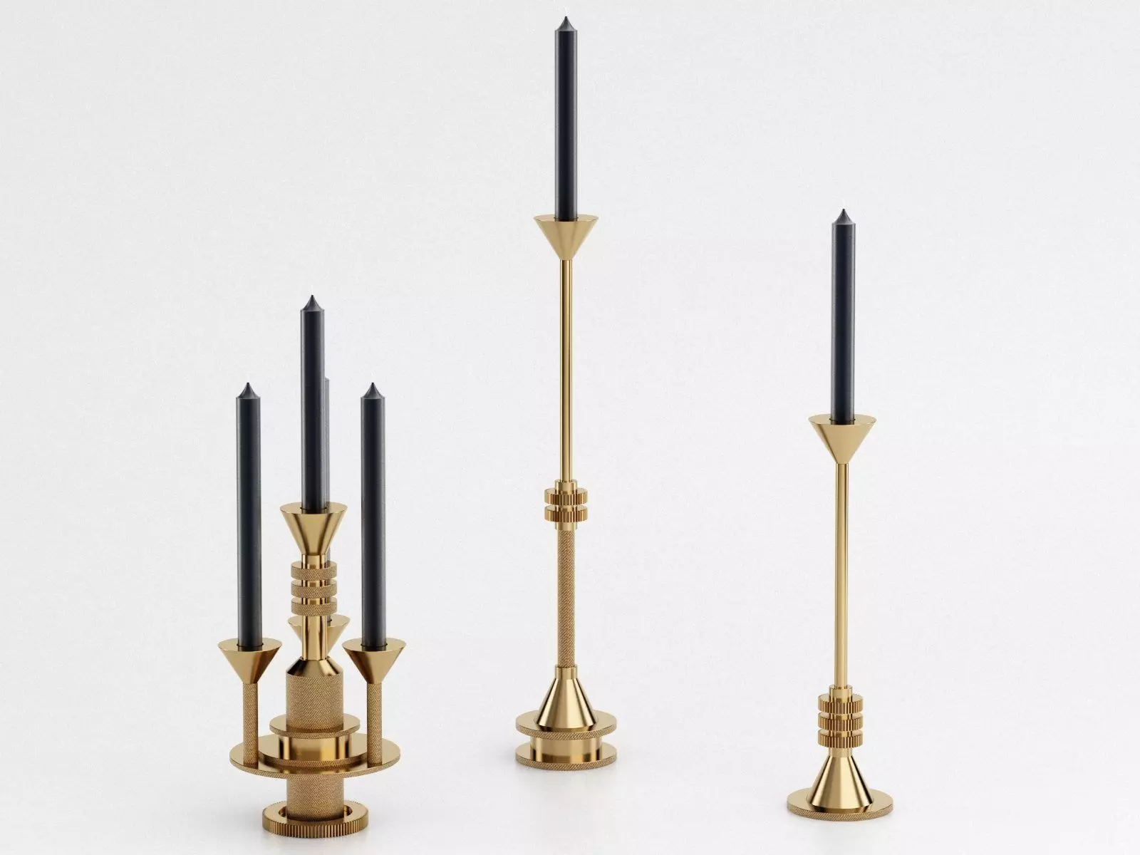 Cog gold candle holder with three candles 3D model_7