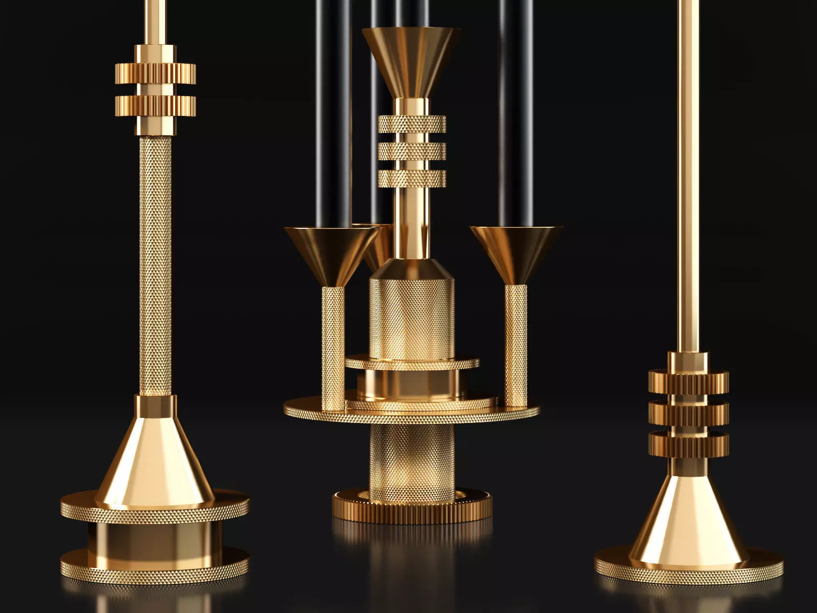 Cog gold candle holder with three candles 3D model_5