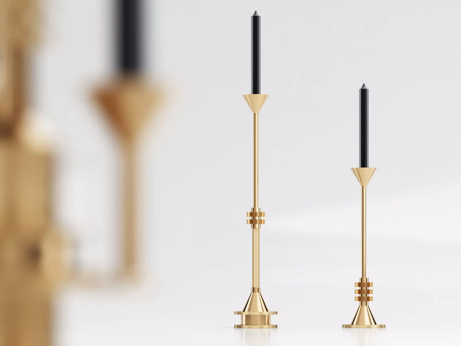 Cog gold candle holder with three candles 3D model_3