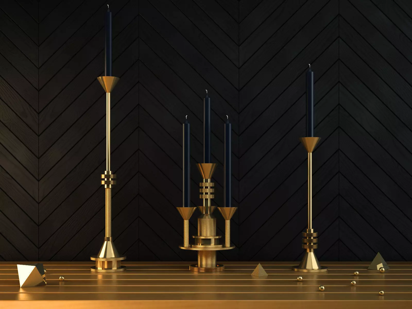 Cog gold candle holder with three candles 3D model_4