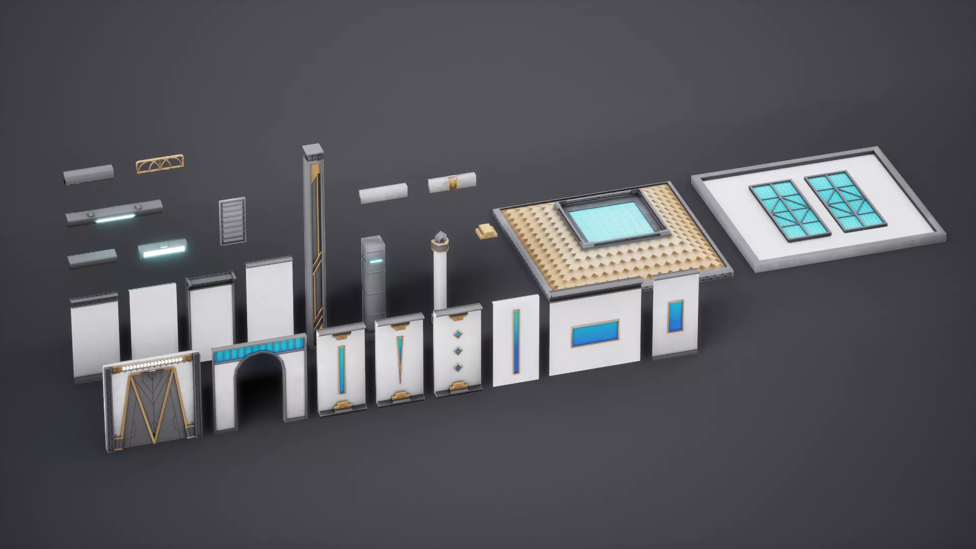 Modular Building Kit Walls Windows Roof Stairs Low-poly 3D model