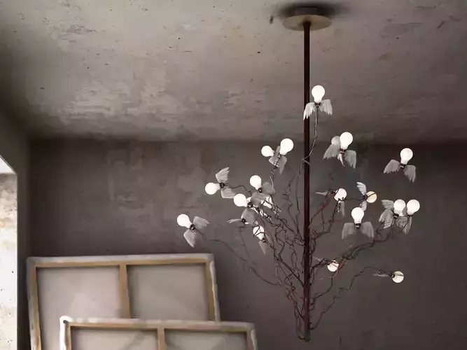 Birds Birds Birds chandelier with branches hanging from it