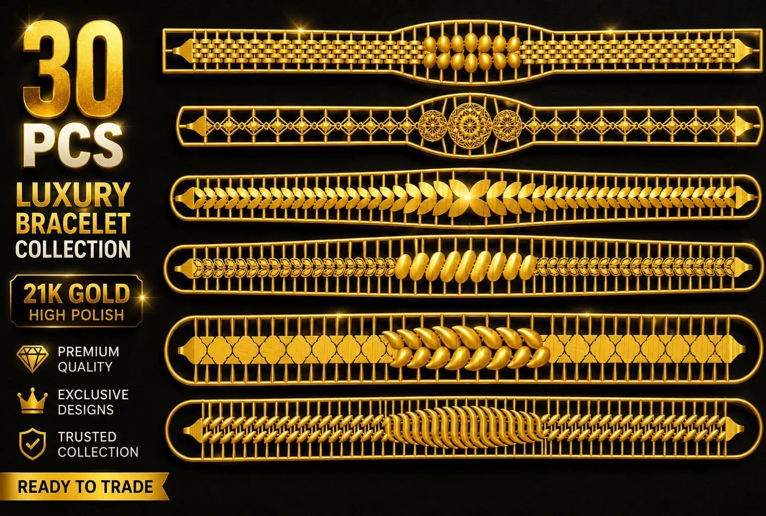 30 Pcs Flexible Lightweight Gold Bracelet CAD 18K and 21K Ready 3D print model