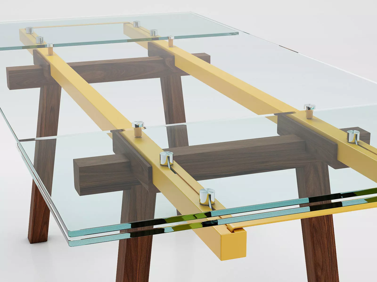 Tracks table with glass top and wooden legs 3D model_0