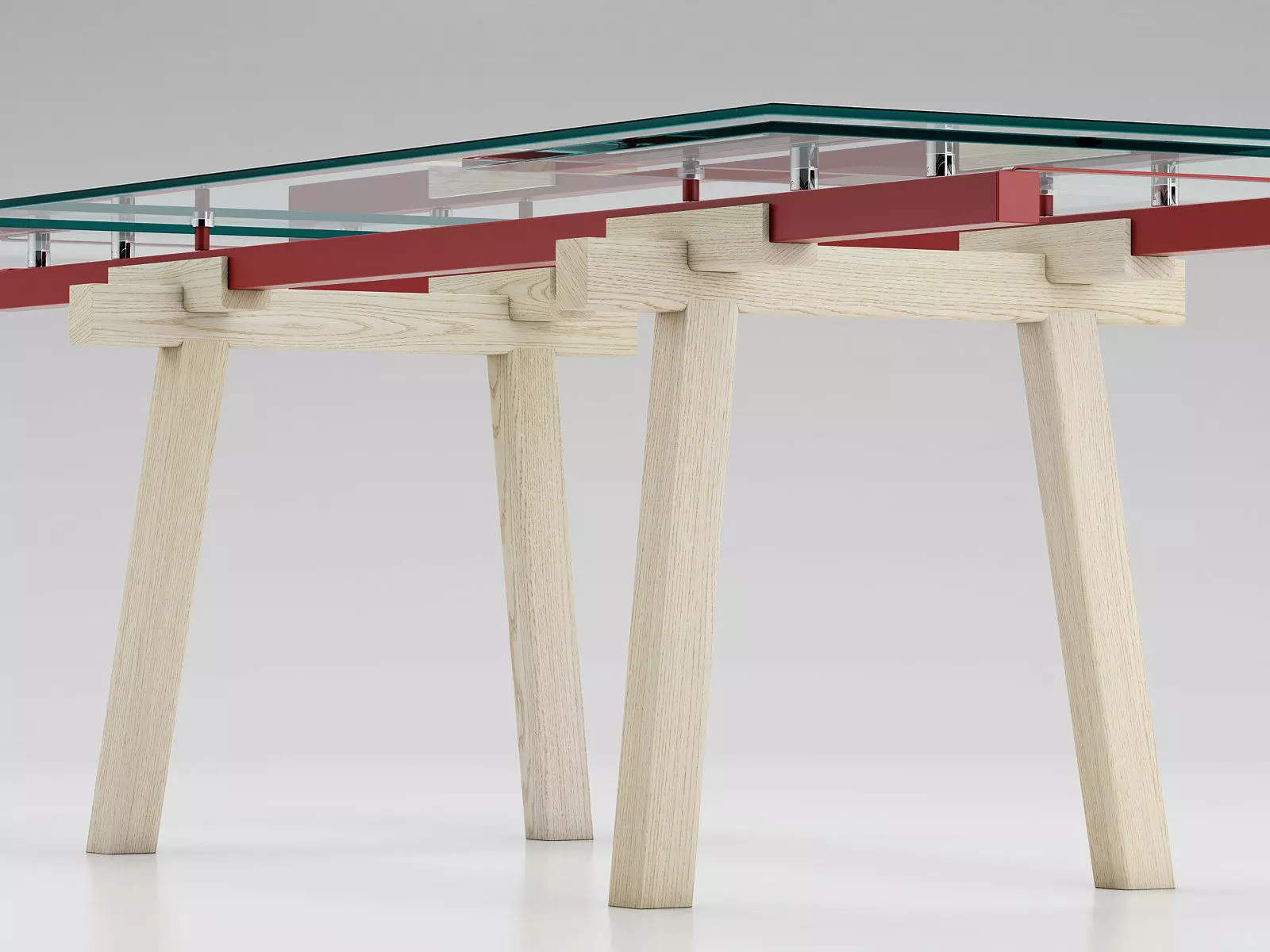 Tracks table with glass top and wooden legs 3D model_2