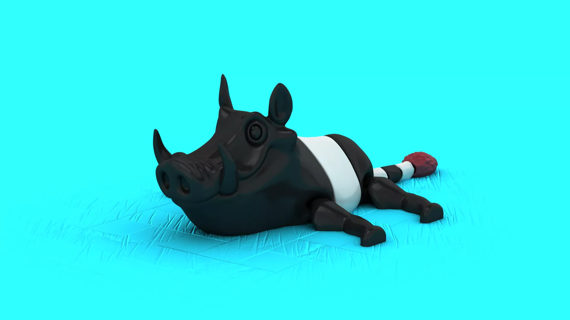 Cute Black Warthog 3D Model with White Band and Red Tail 3D print model