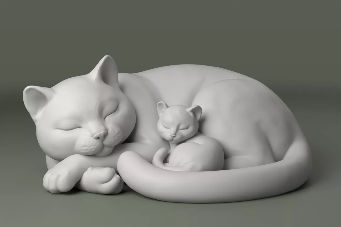 Sleeping Cat Family Figurine with Kittens 3D print model