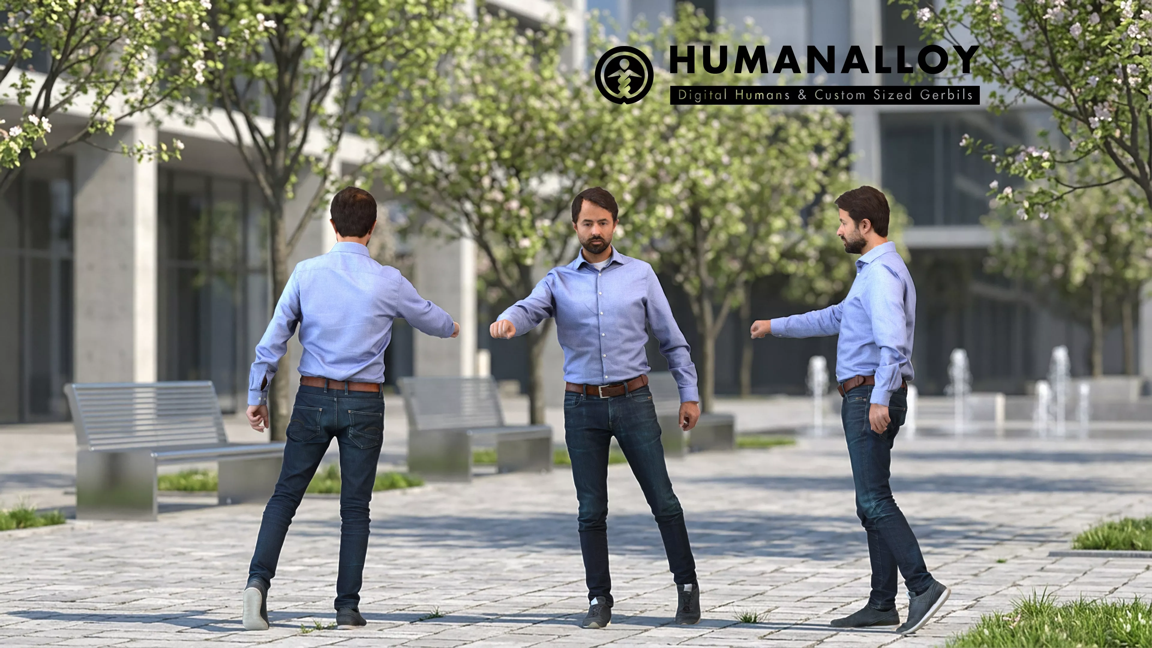 Adult Indian man walking through public space in autumn or 3D model