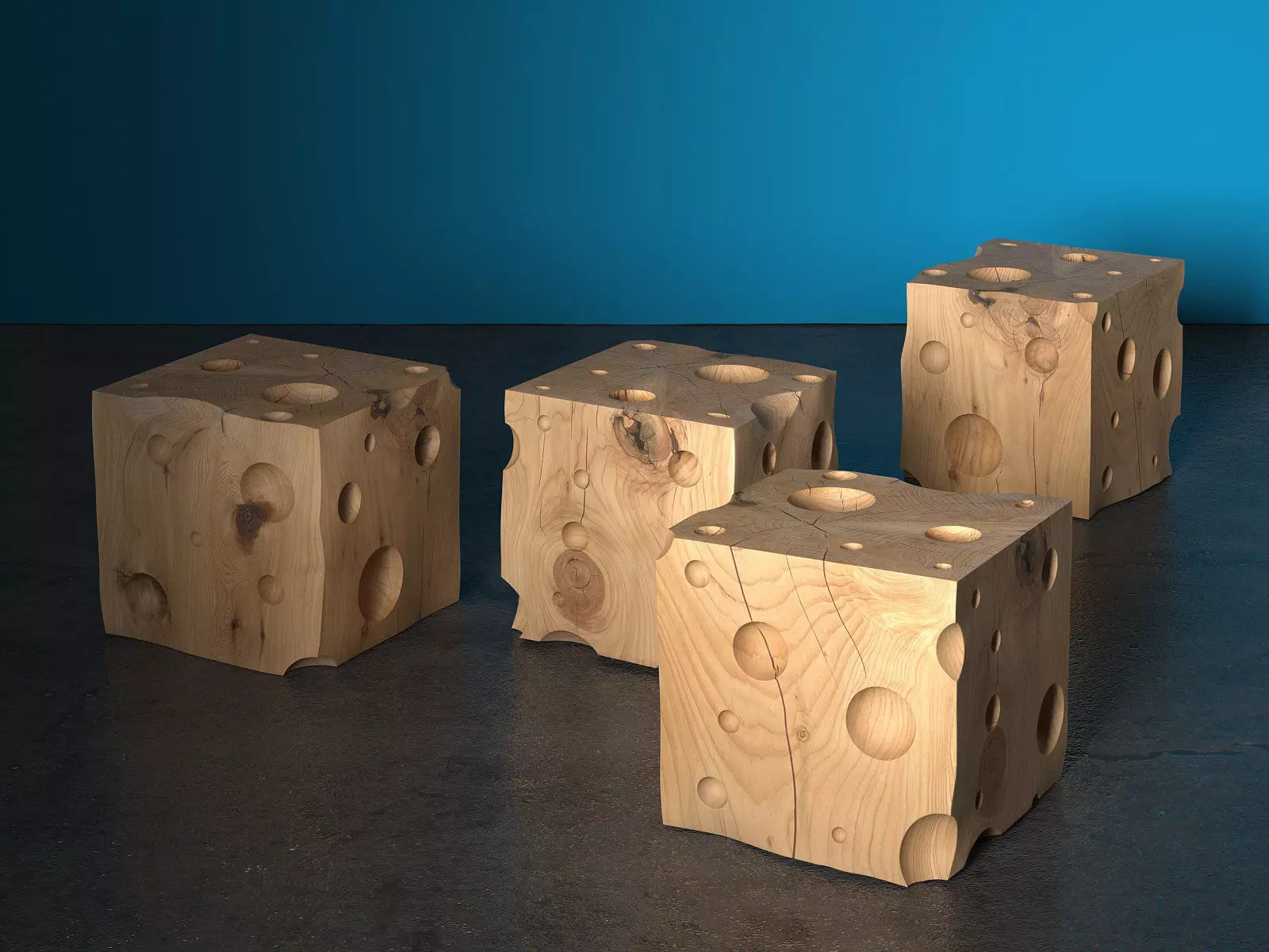 Cheese cube of wood with holes in it 3D model_2