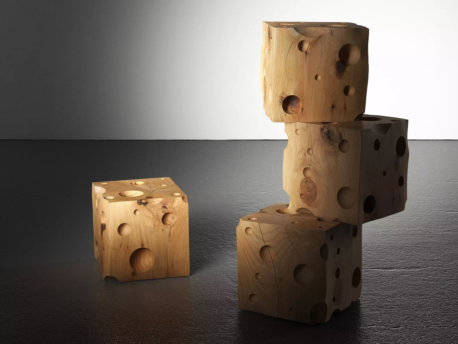 Cheese cube of wood with holes in it 3D model_3