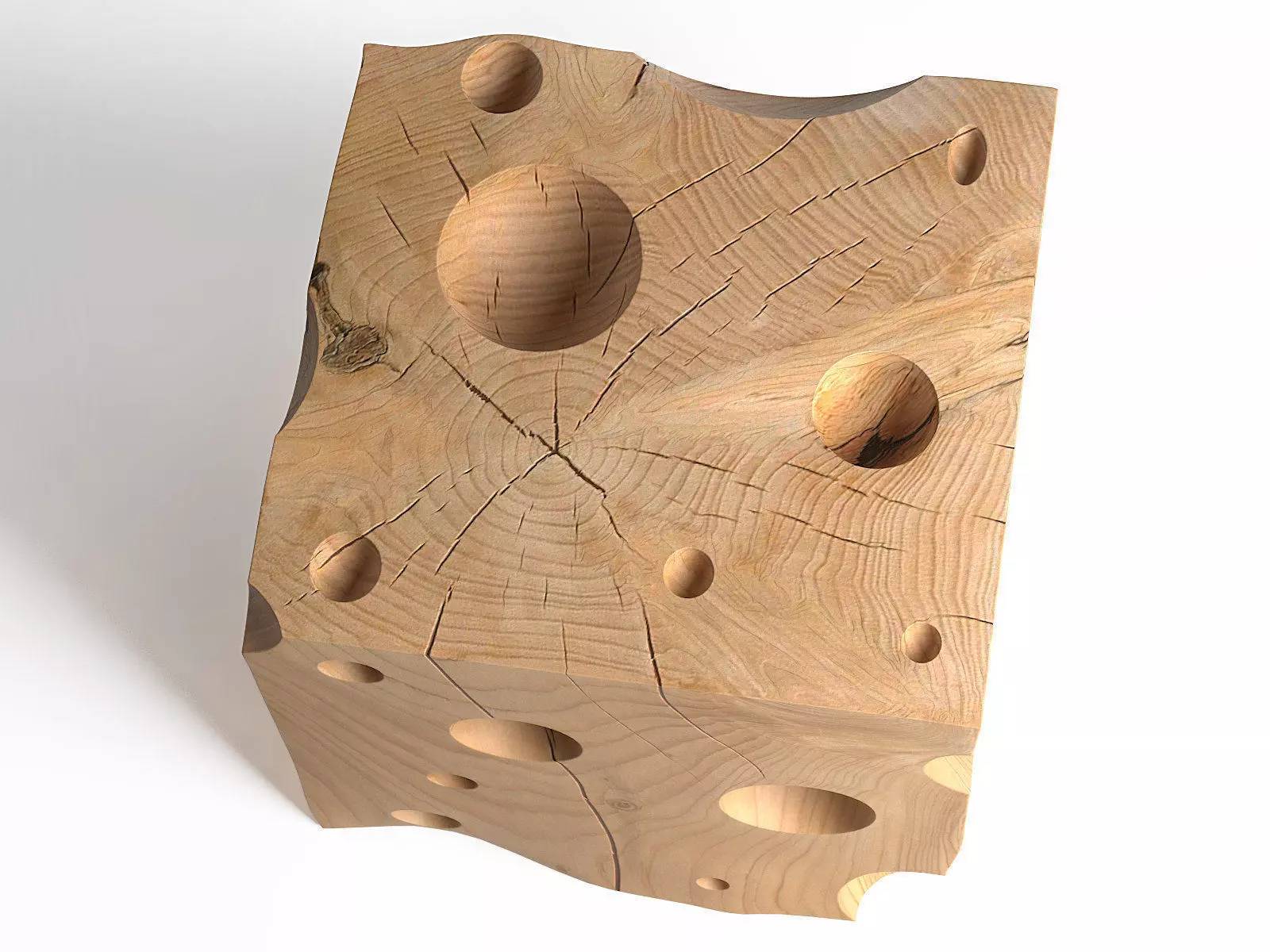 Cheese cube of wood with holes in it 3D model_6