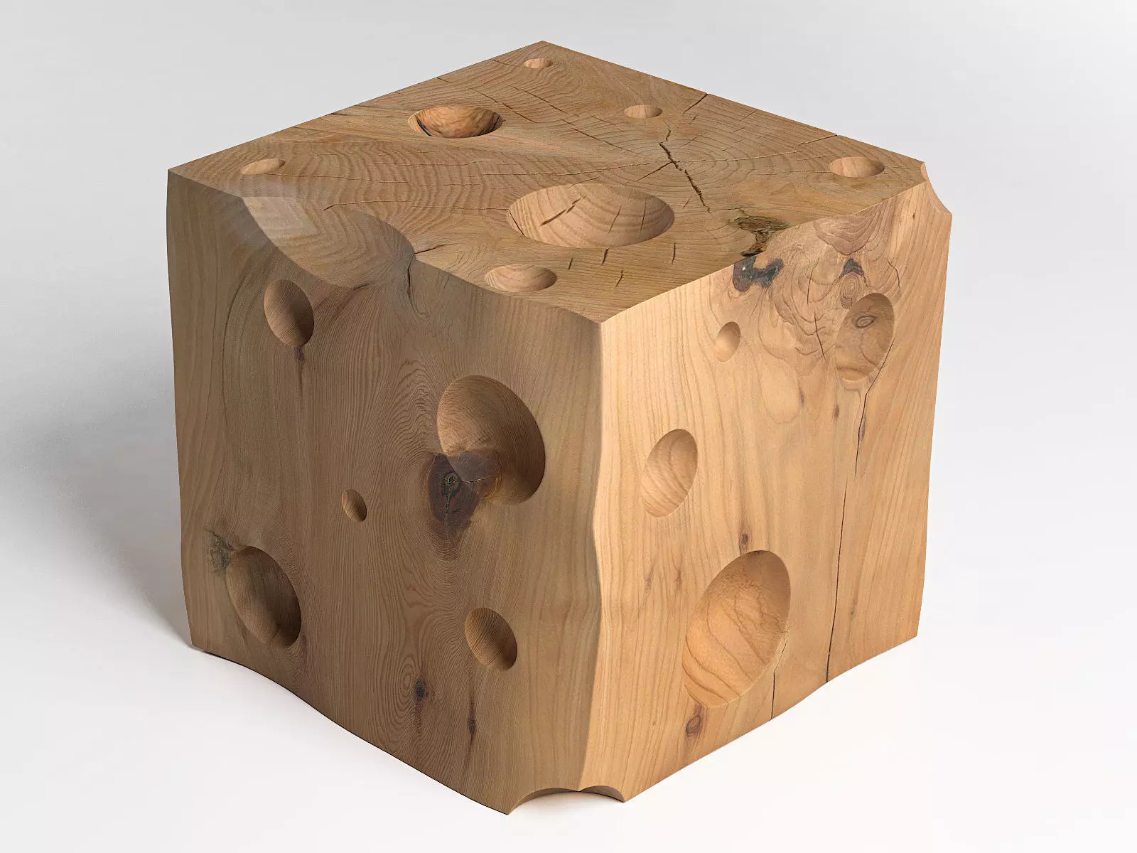 Cheese cube of wood with holes in it 3D model_0