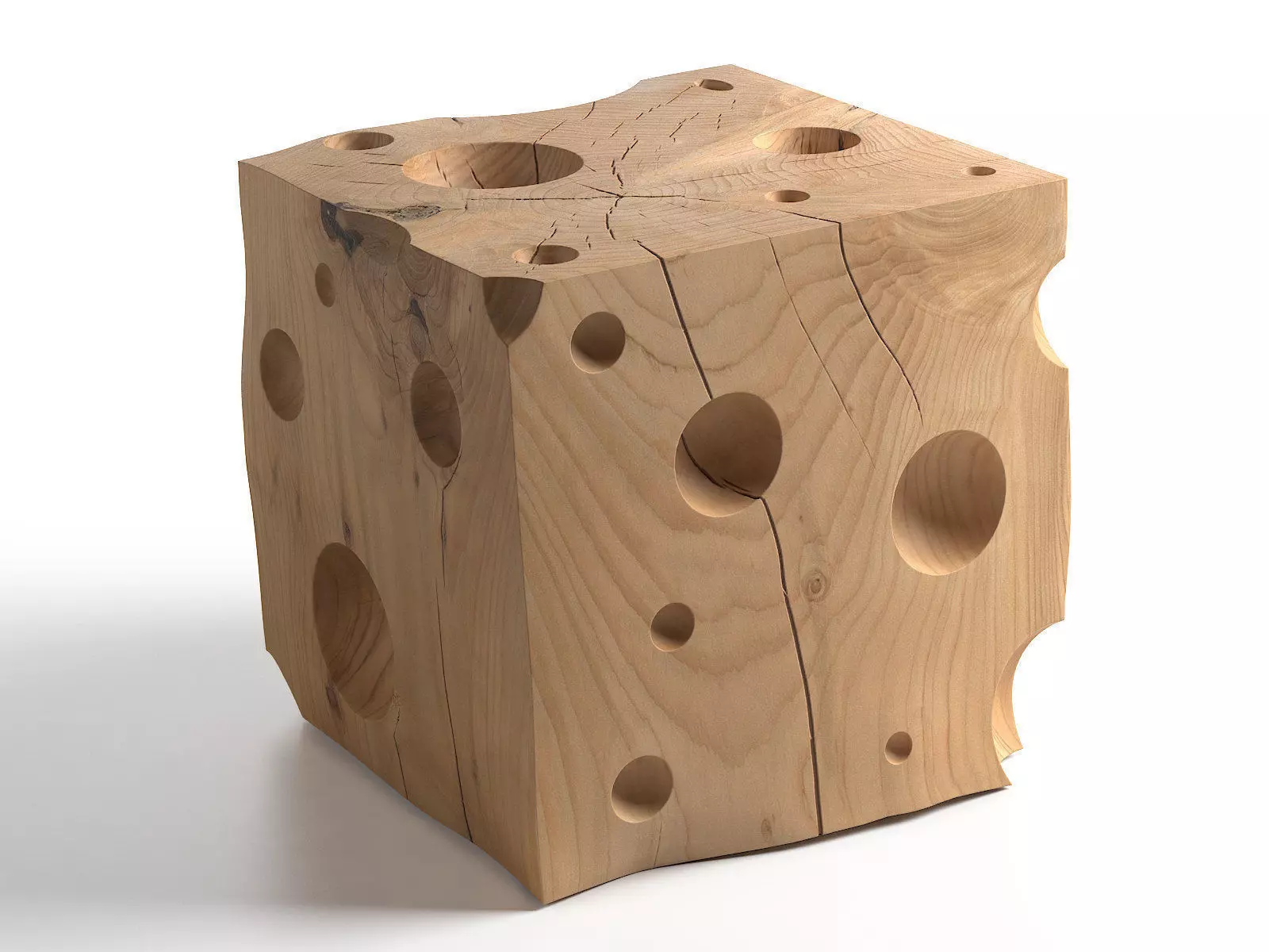 Cheese cube of wood with holes in it 3D model_1
