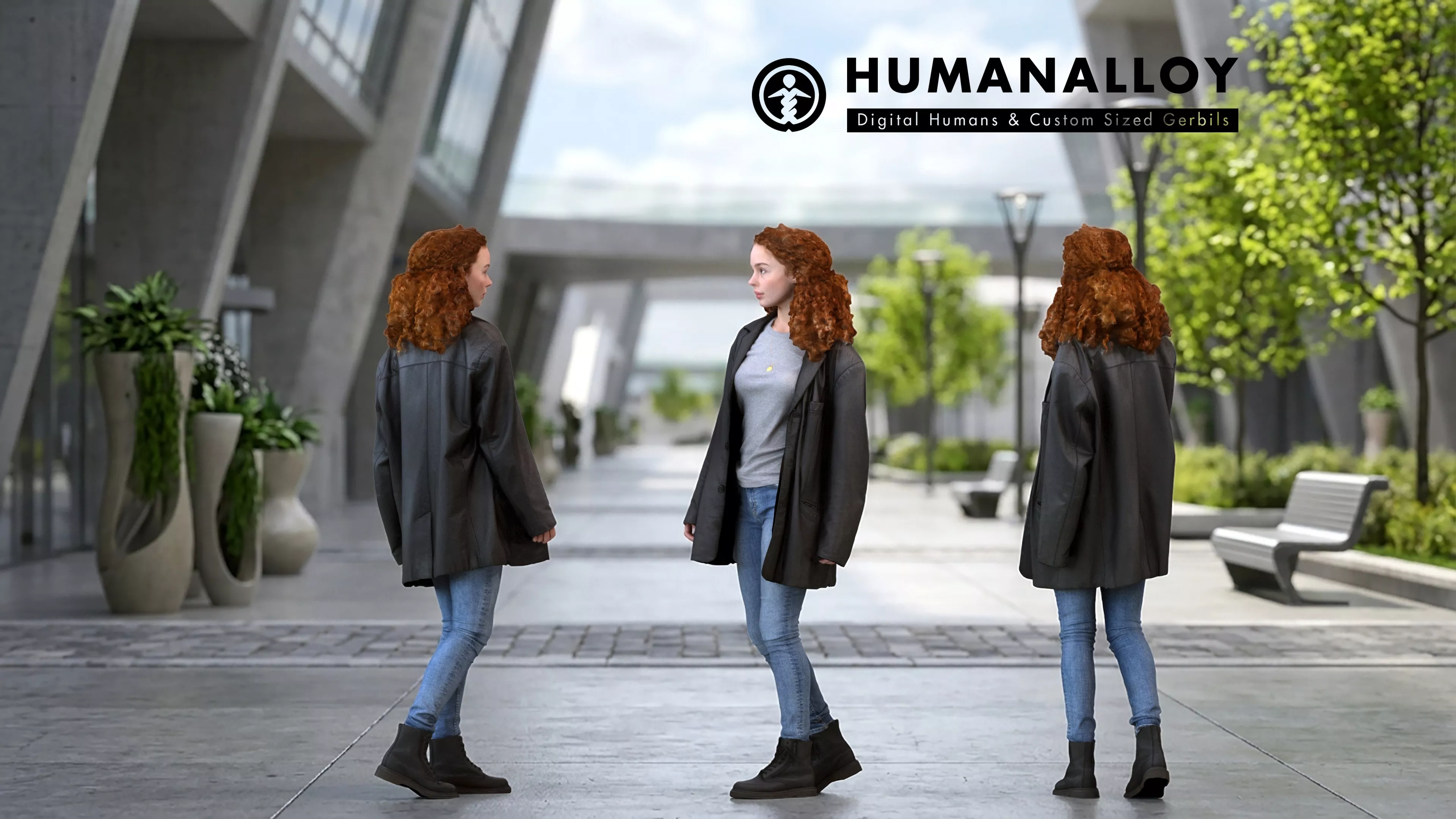 Adult Caucasian woman walking through public space in 3D model