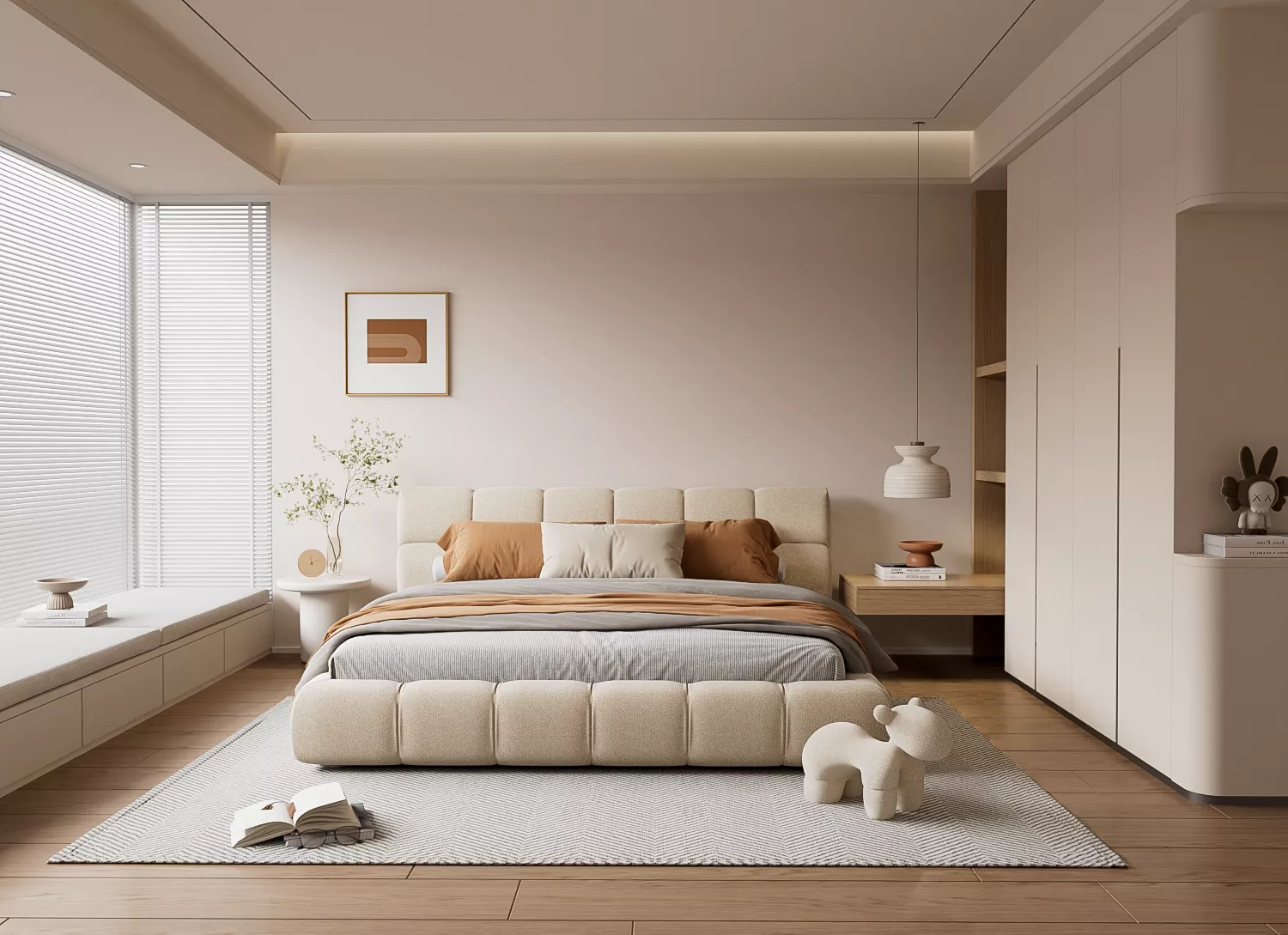Cream Modular Upholstered Bed Warm Minimalist Master 3D model