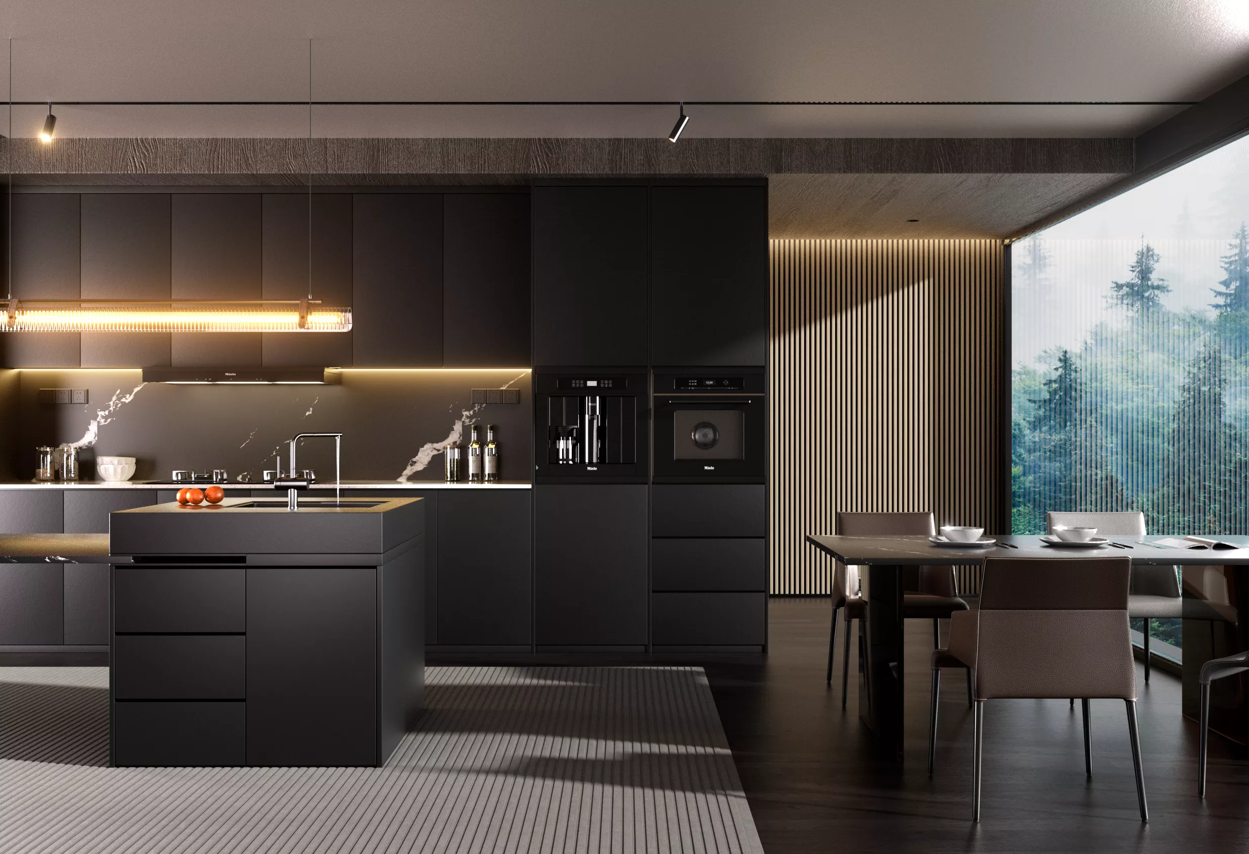 Dark Modern Kitchen Dining Open Space Black Cabinet 3D model