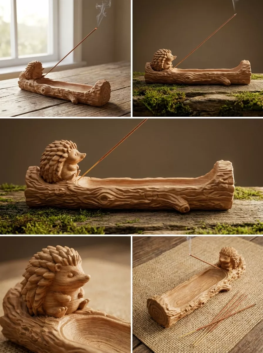 Hedgehog Log Incense Burner Tray Cute Woodland Decor 3D print model