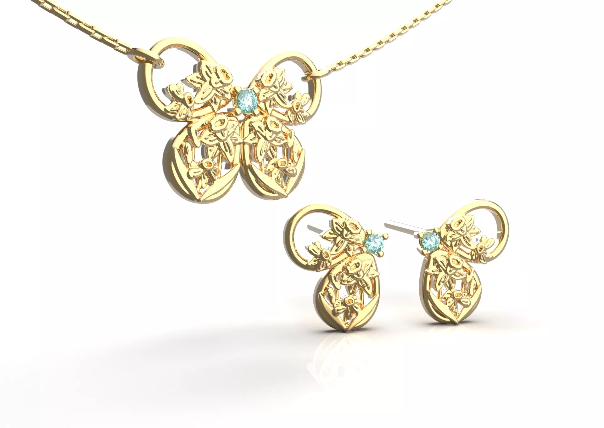 Birthflower Butterfly Stud Earring and Necklace Set - 3 March 3D print model