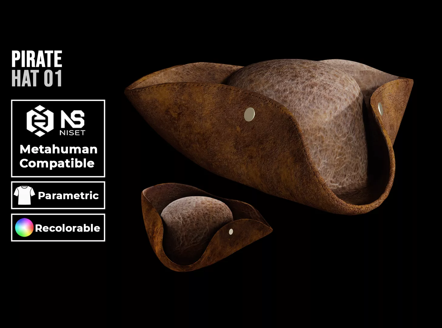 Pirate Hat 01 Tricorn Recolorable Parametric Hat for Metahuman Low-poly 3D model
