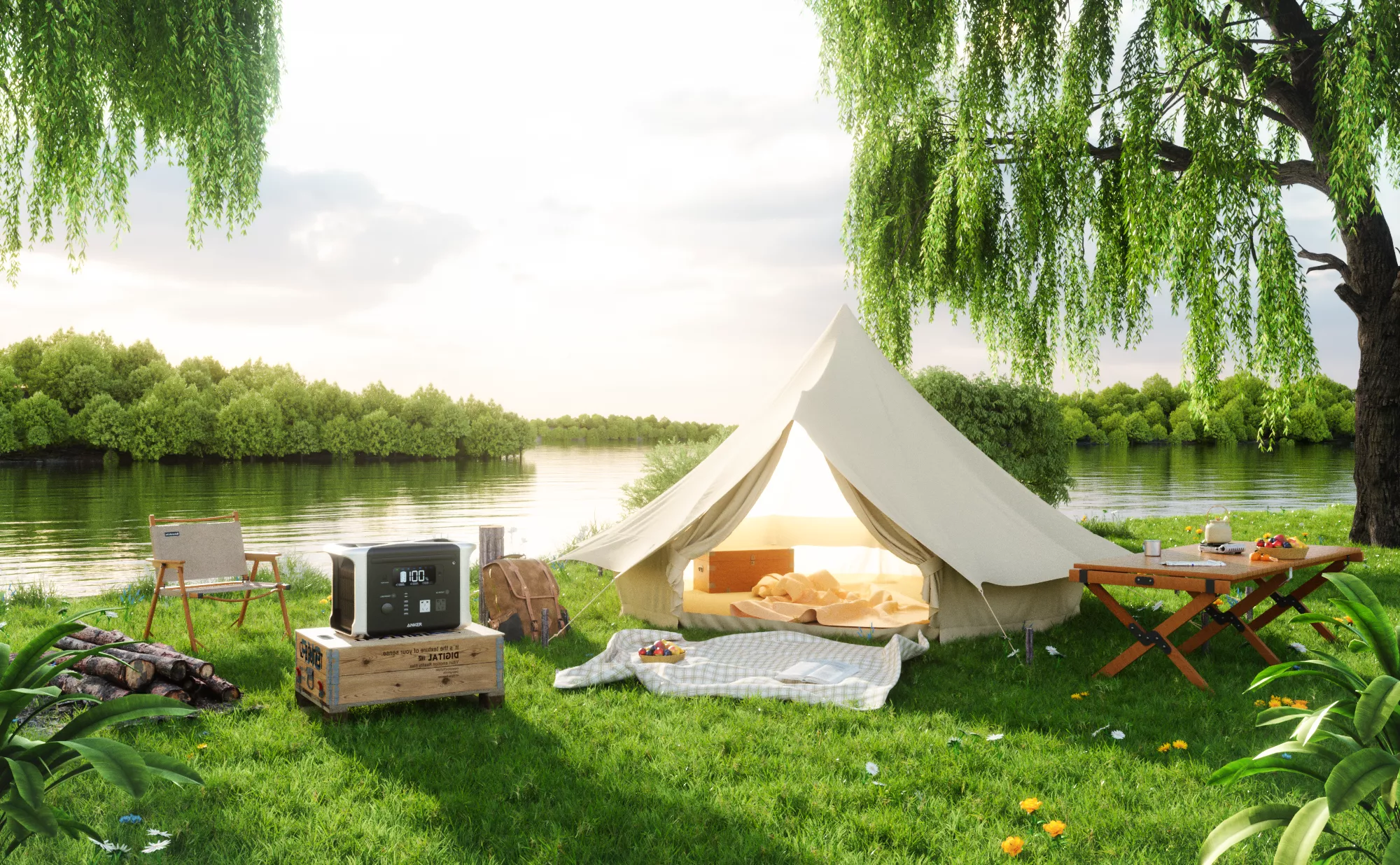 Anker Portable Power Station Lakeside Glamping Tent Willow Tree 3D model