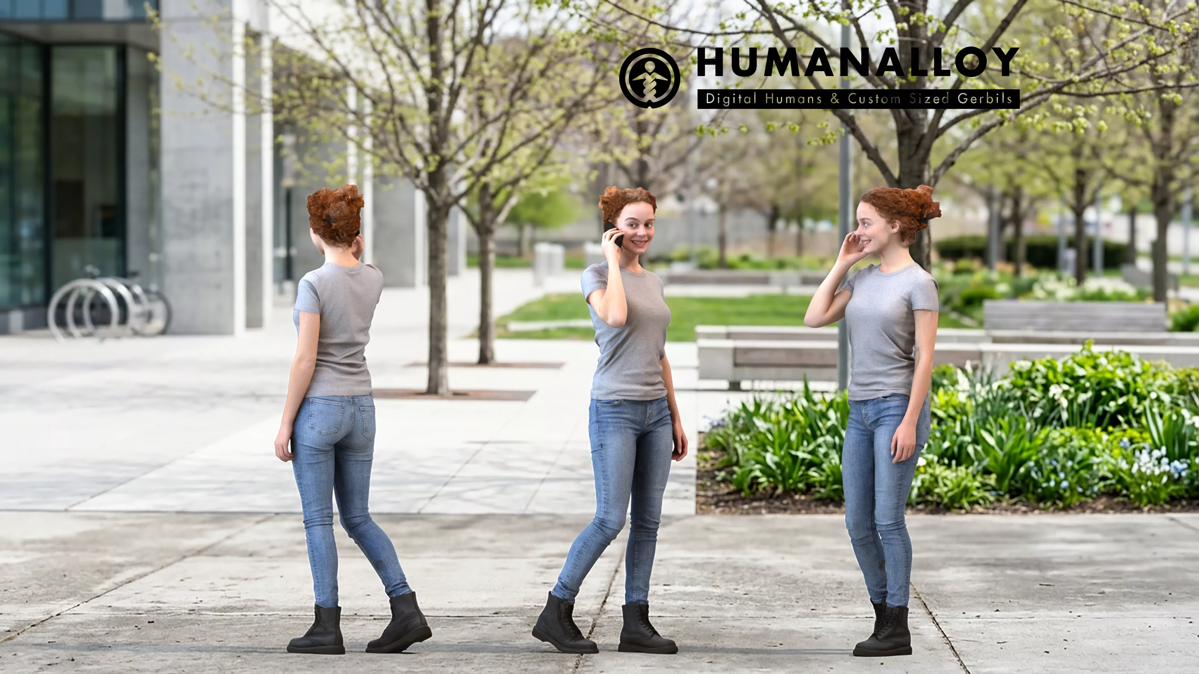Adult Caucasian woman calling on smartphone in transitional 3D model