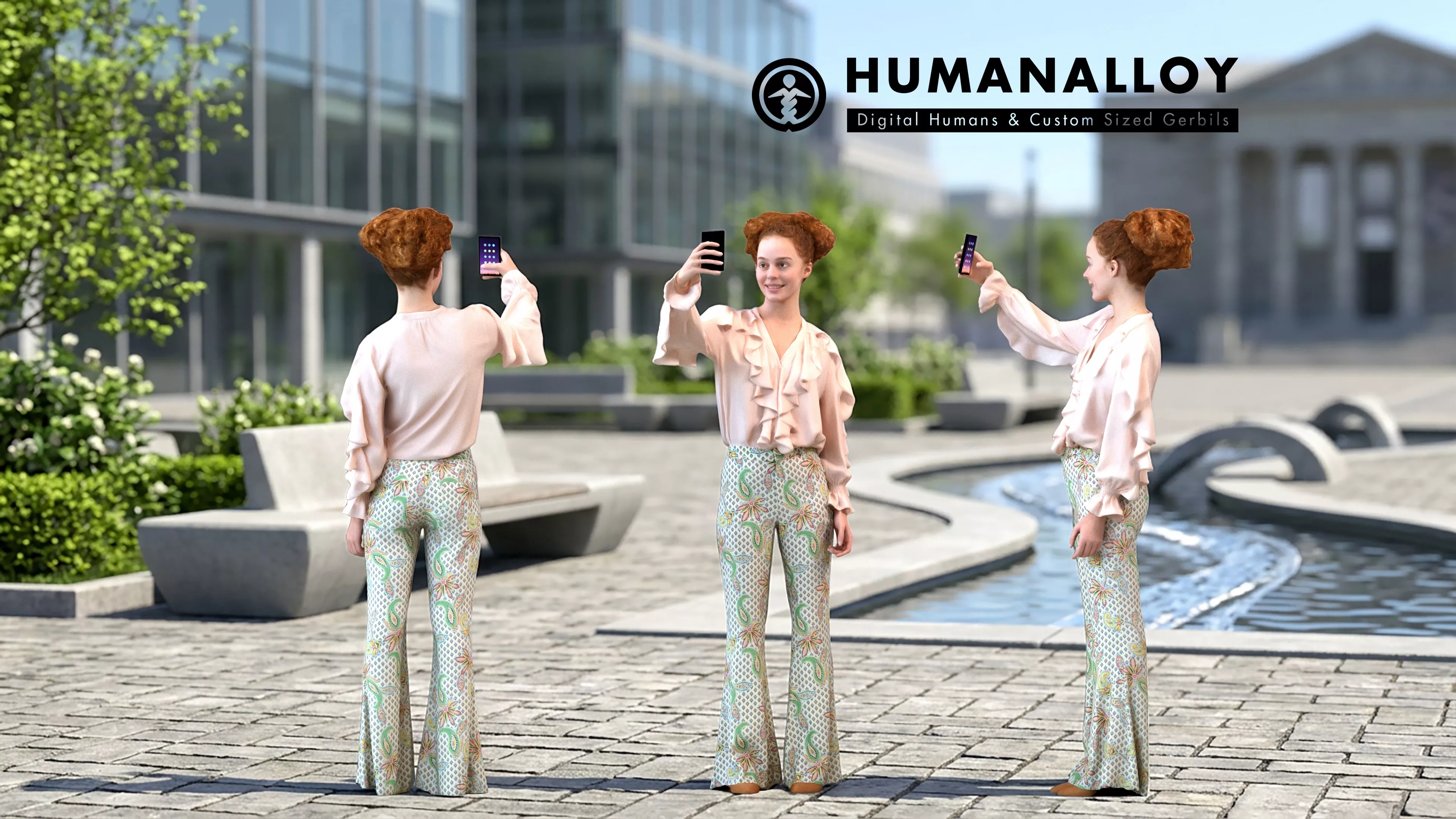 Adult Caucasian woman taking photos outdoors in transitional 3D model