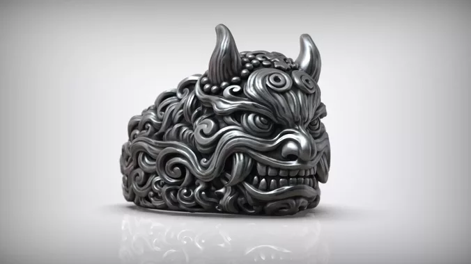 Japanese Oni Demon Hannya Horned Yokai Mask Ring