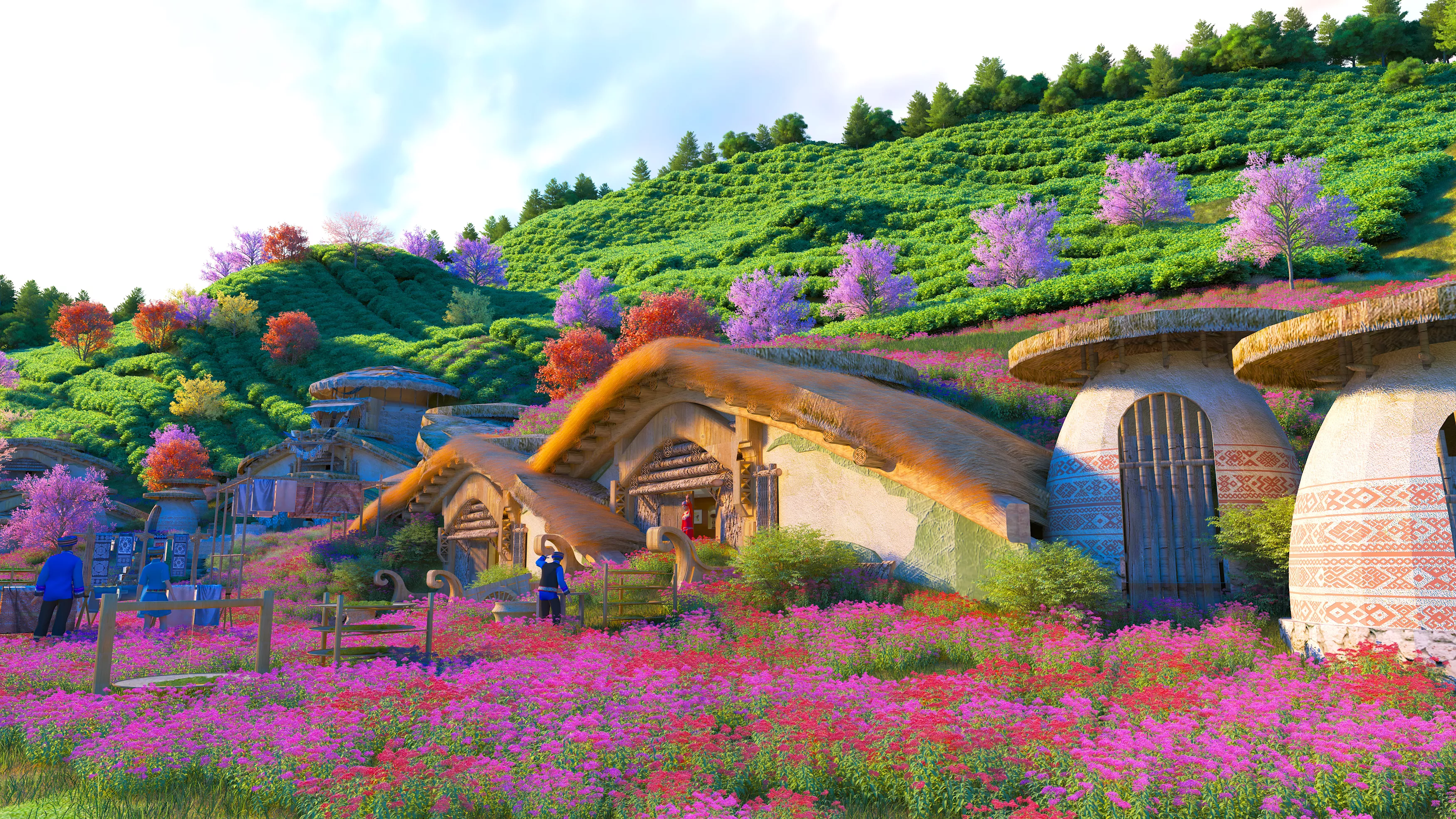 Mountain Village and Flower Sea Landscape 3D Assets 3D model
