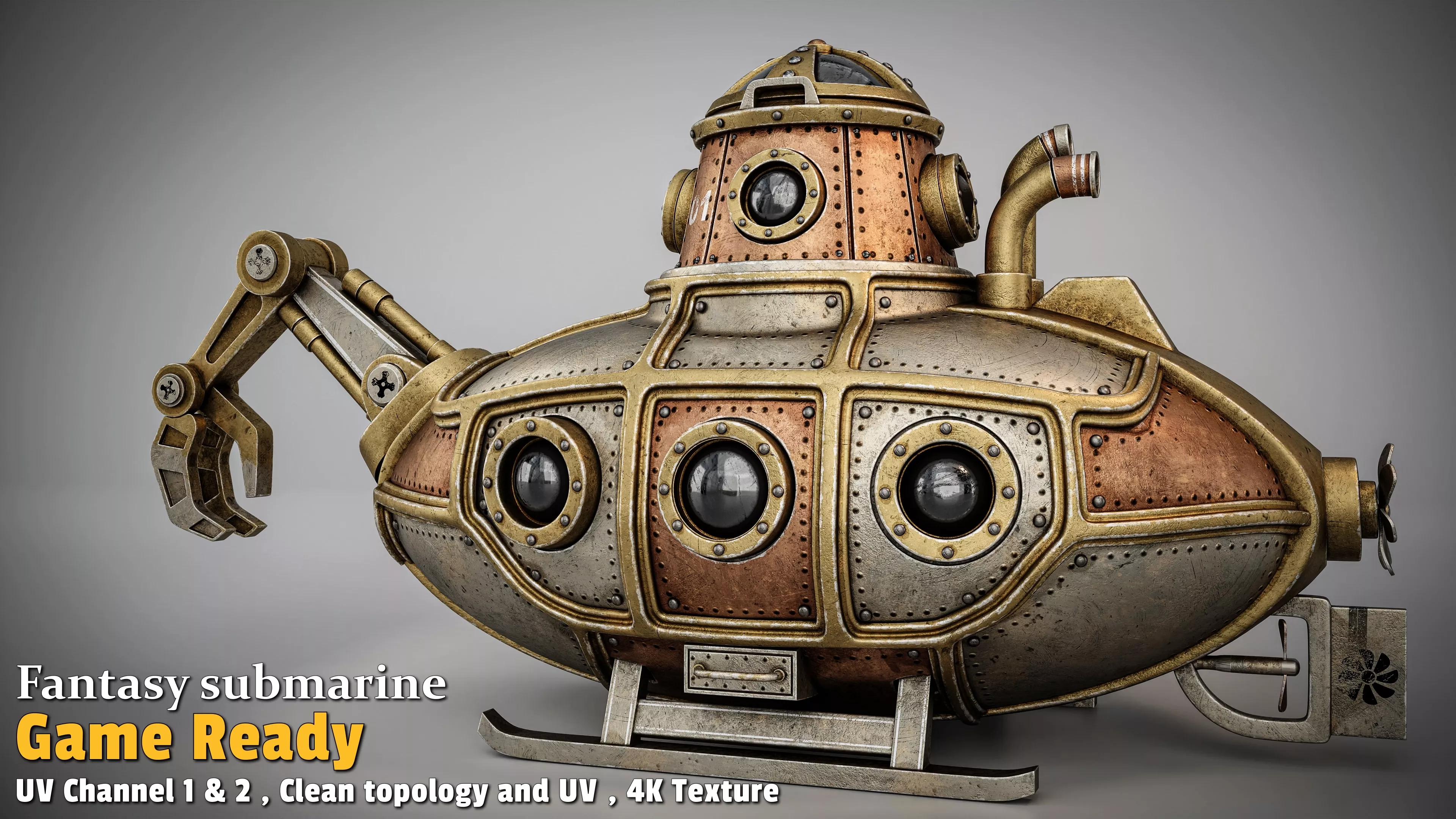 Steampunk Submarine Low-poly 3D model