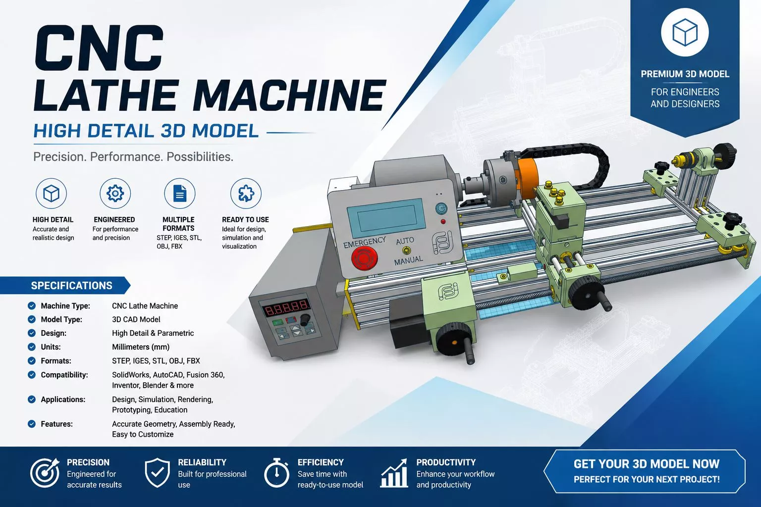 CNC Lathe Machine High Detail Industrial 3D CAD Model Low-poly 3D model