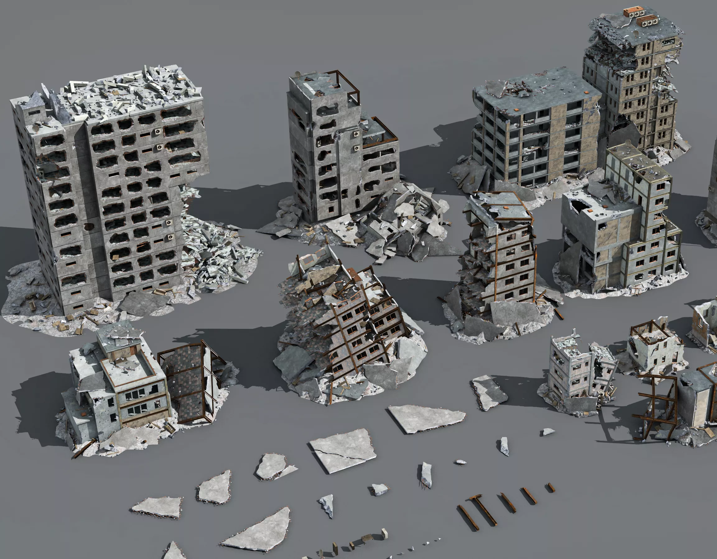 Destroy and damage buildings in ruins 3D model