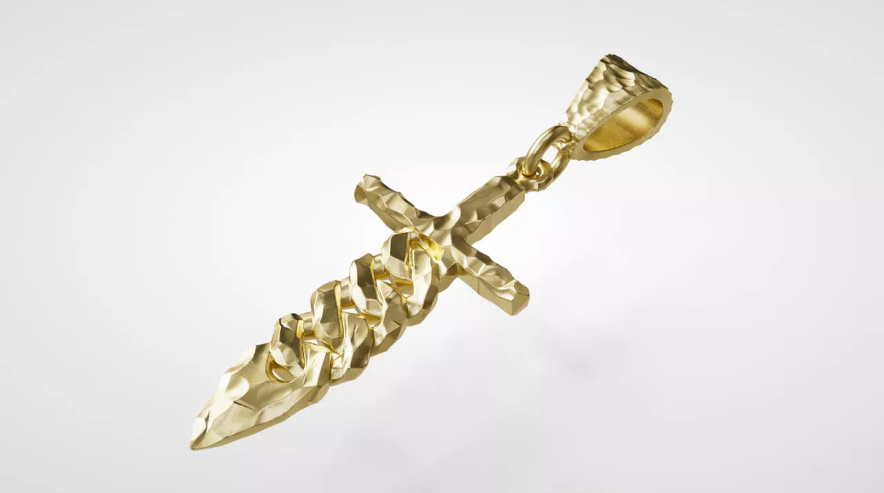 Forged Dagger Pendant with Chain Detail STL OBJ 3D print model