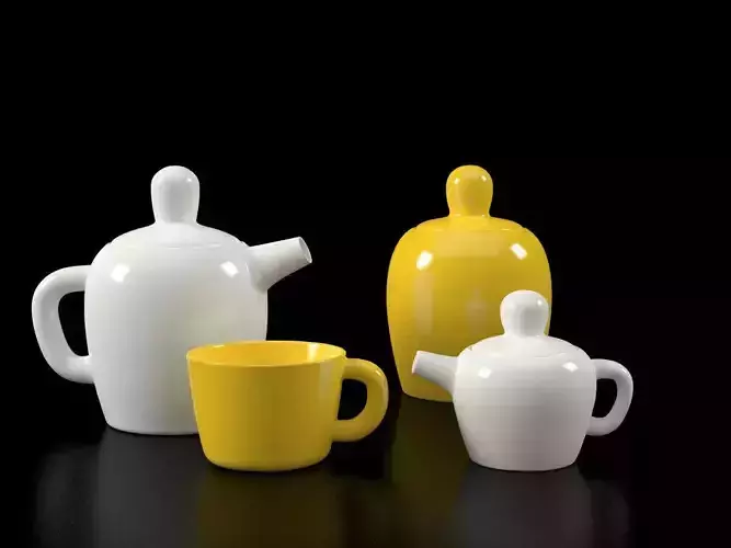 Bulky three teapots and cups on tray