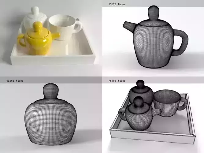 Bulky three teapots and cups on tray