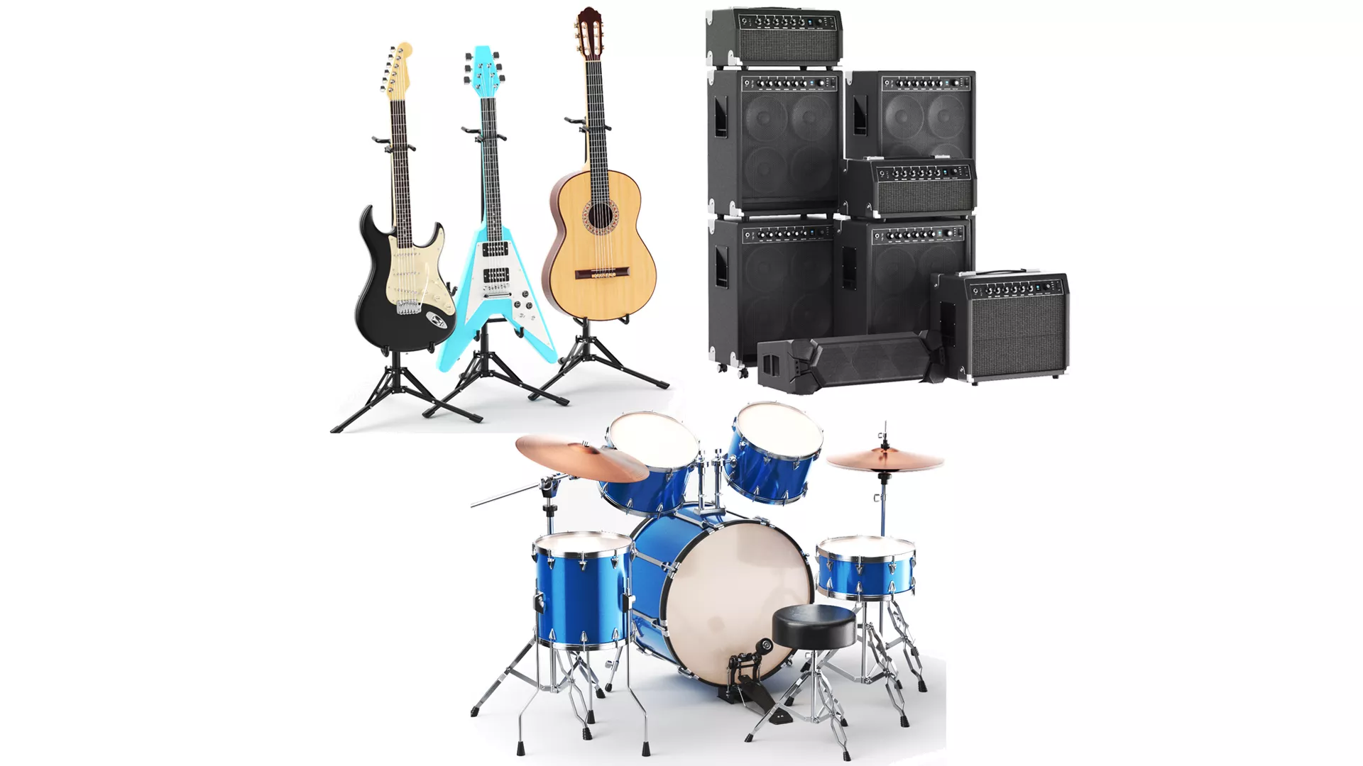 Musical Instrument Guitars With Amplifier And Drums Kit 3D model