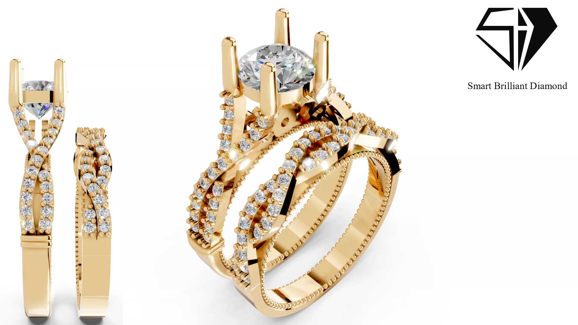 Elegant Solitaire Bridal Ring Set Gold Jewelry wr0209 3D print model