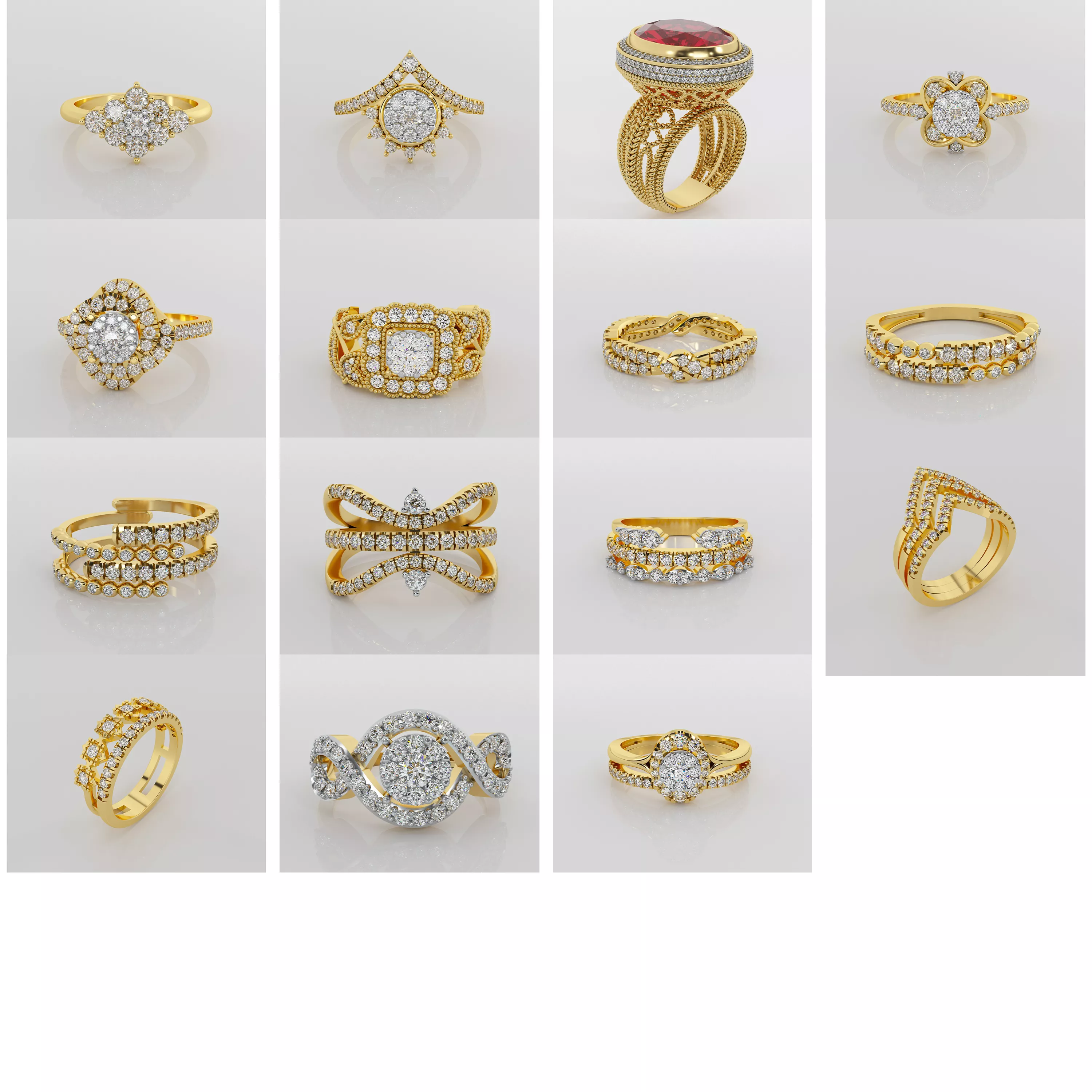 15 Unique Diamond Ring Designs Collection Jewelry CAD 3D print model