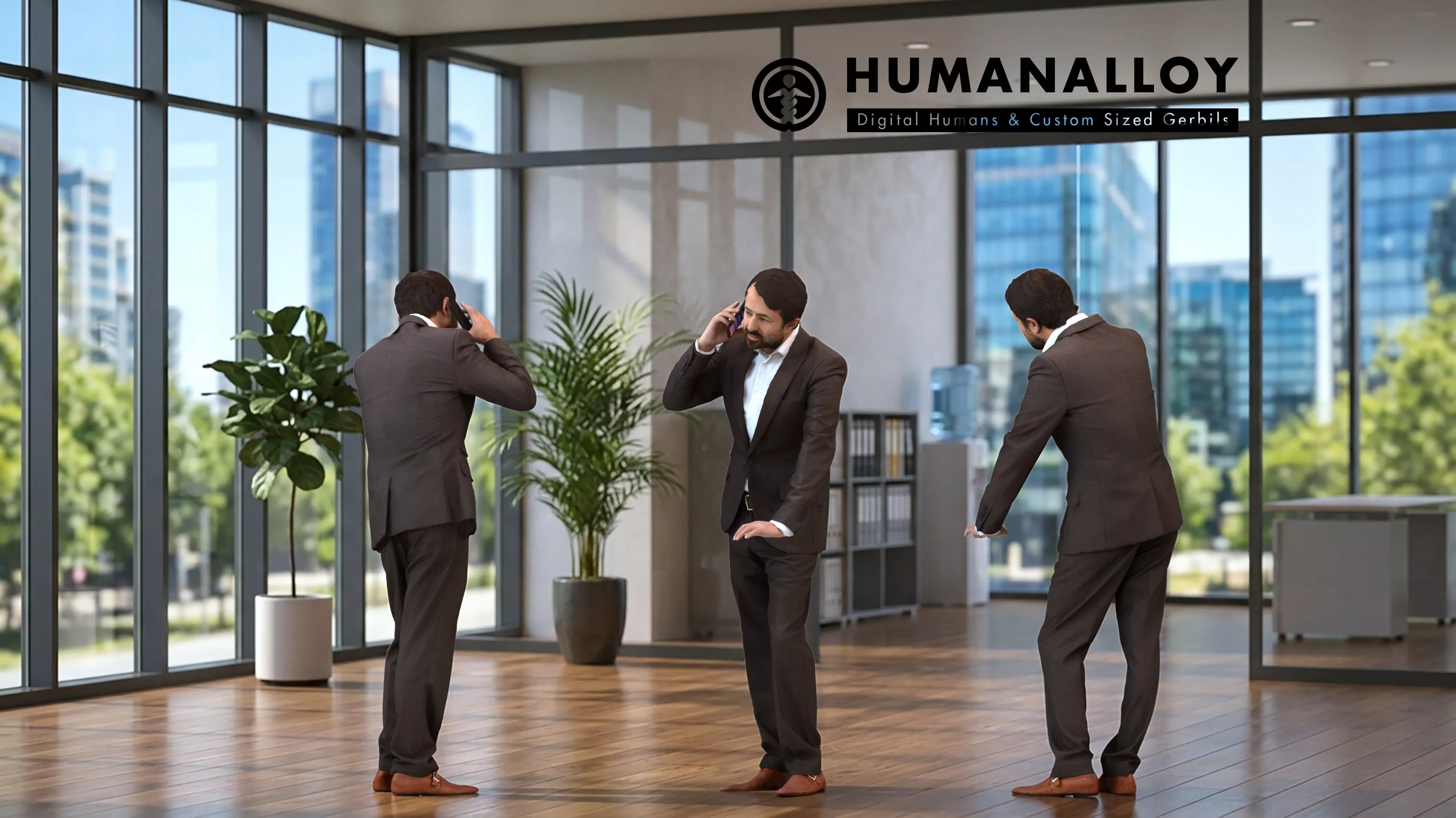 Adult Indian man leaning while calling in office wearing 3D model