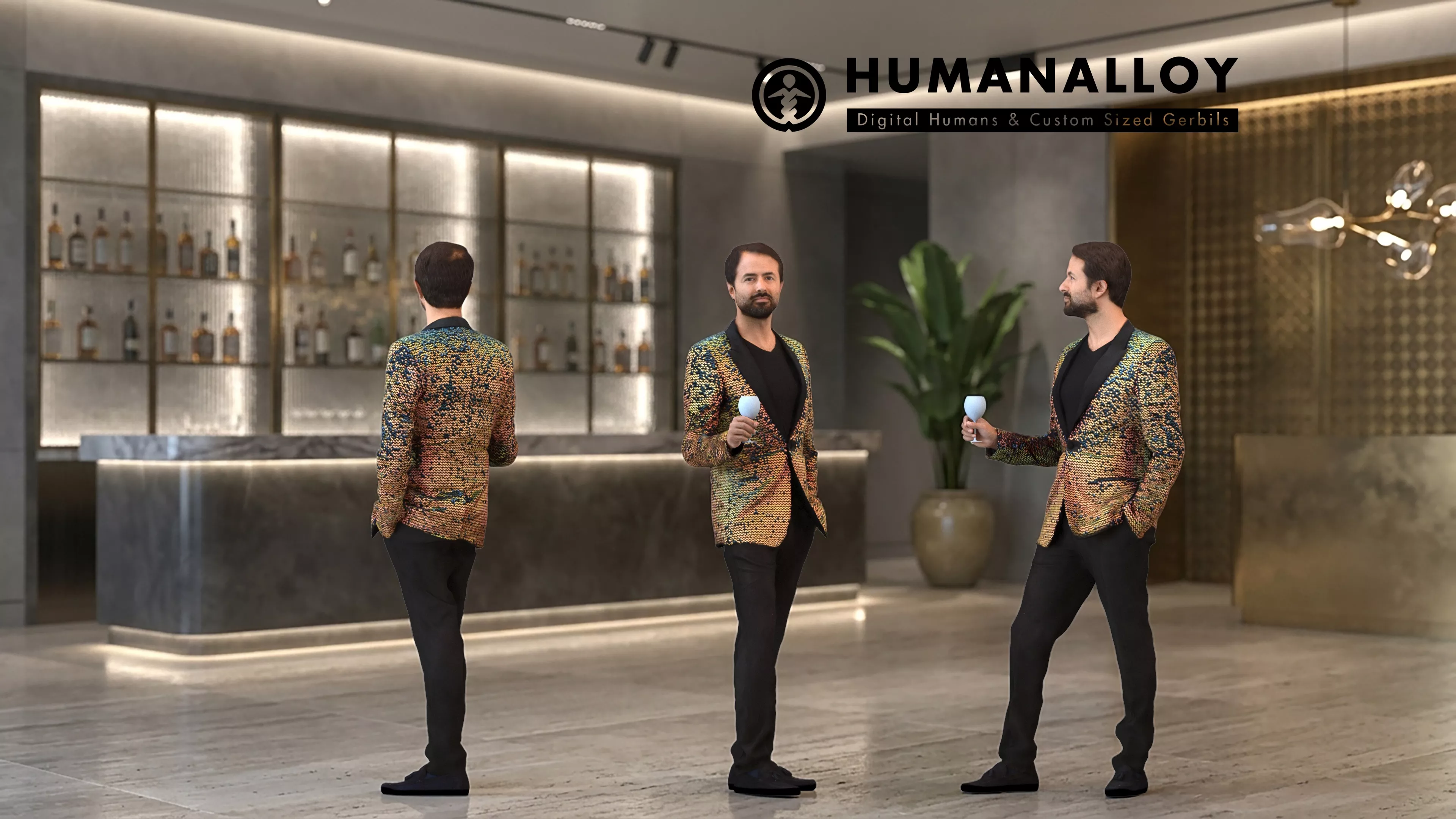 Adult Indian man standing in restaurant setting wearing 3D model