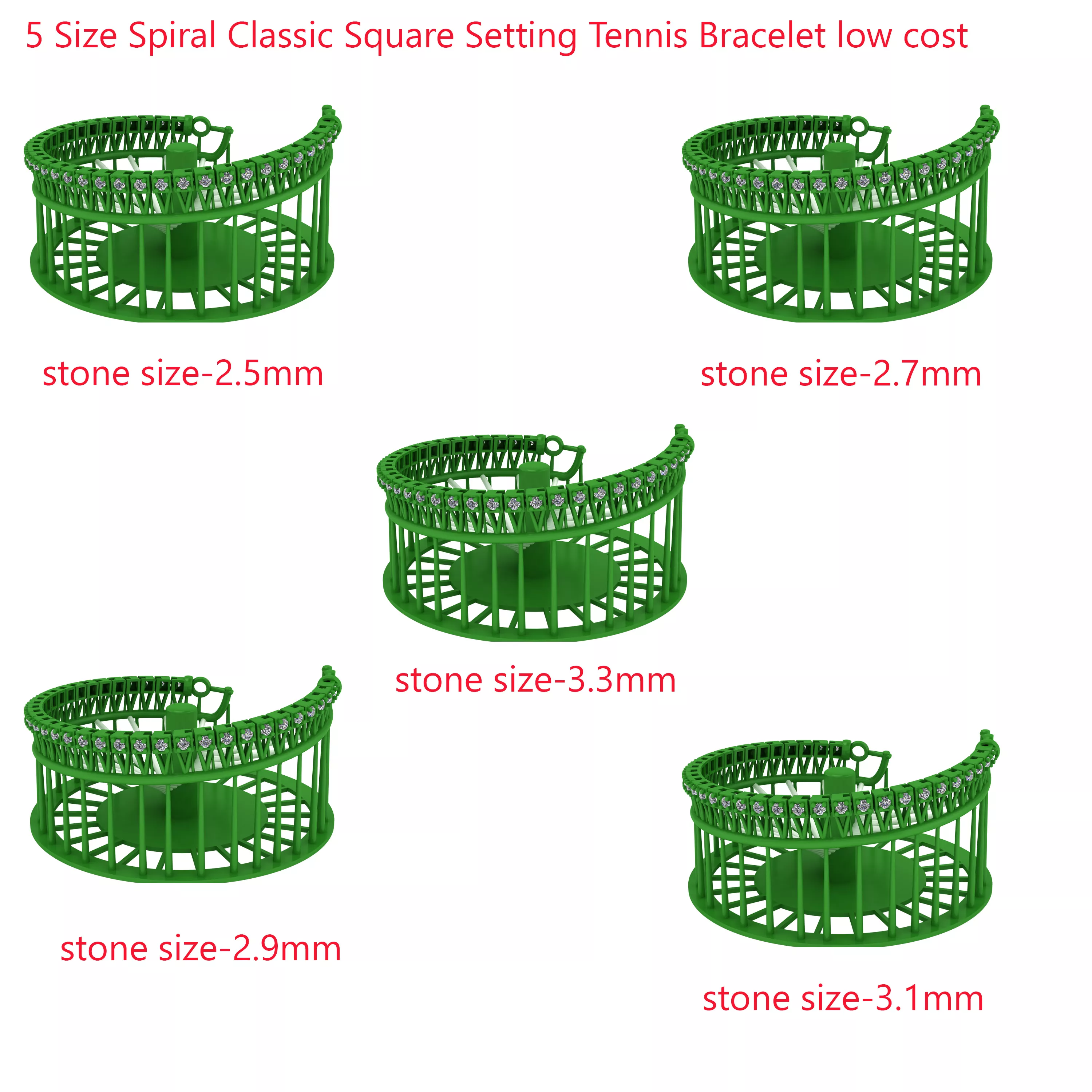 5 Size spiral Classic Square Setting Tennis Bracelet low cost 3D print model