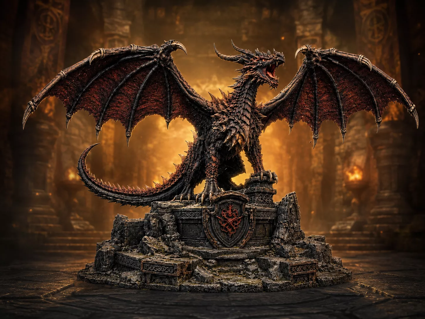Roaring Spiked Dragon Ancient Temple Ruins Fantasy Monster Scala 3D print model