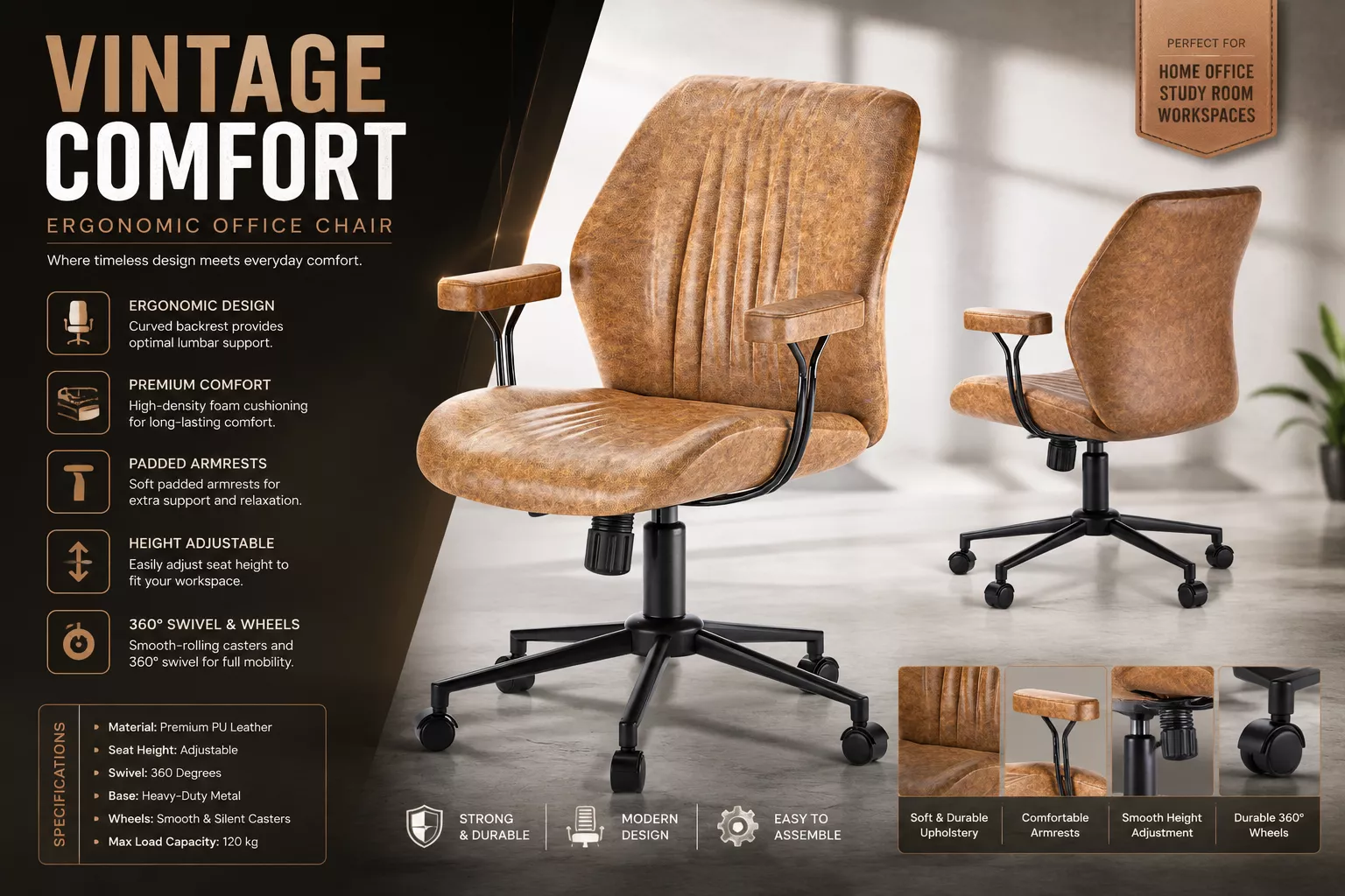 HeroSet Leather Office Chair with Removable Armrests 3D model