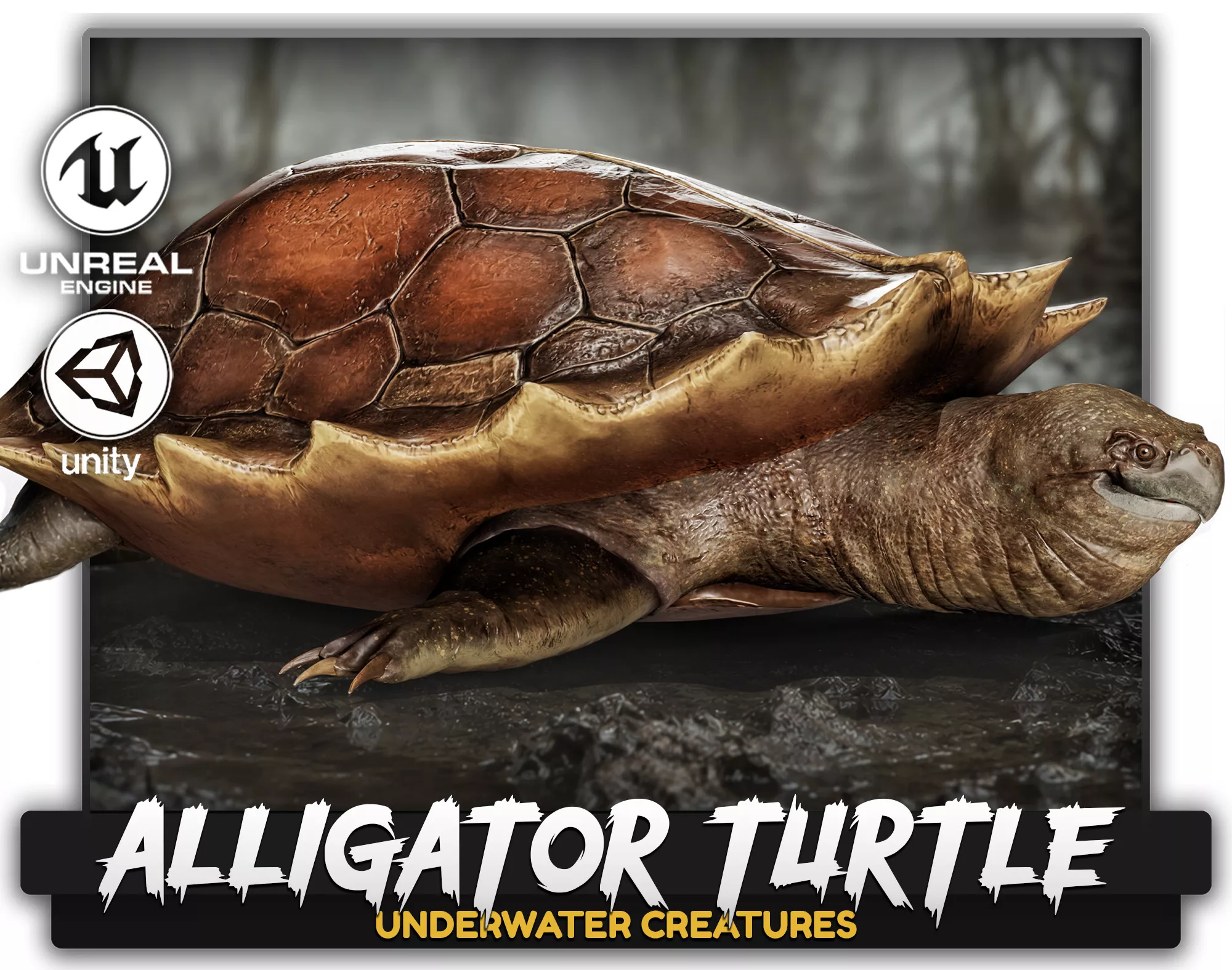 Alligator Turtle Predator - Animated Underwater Reptile Low-poly 3D model