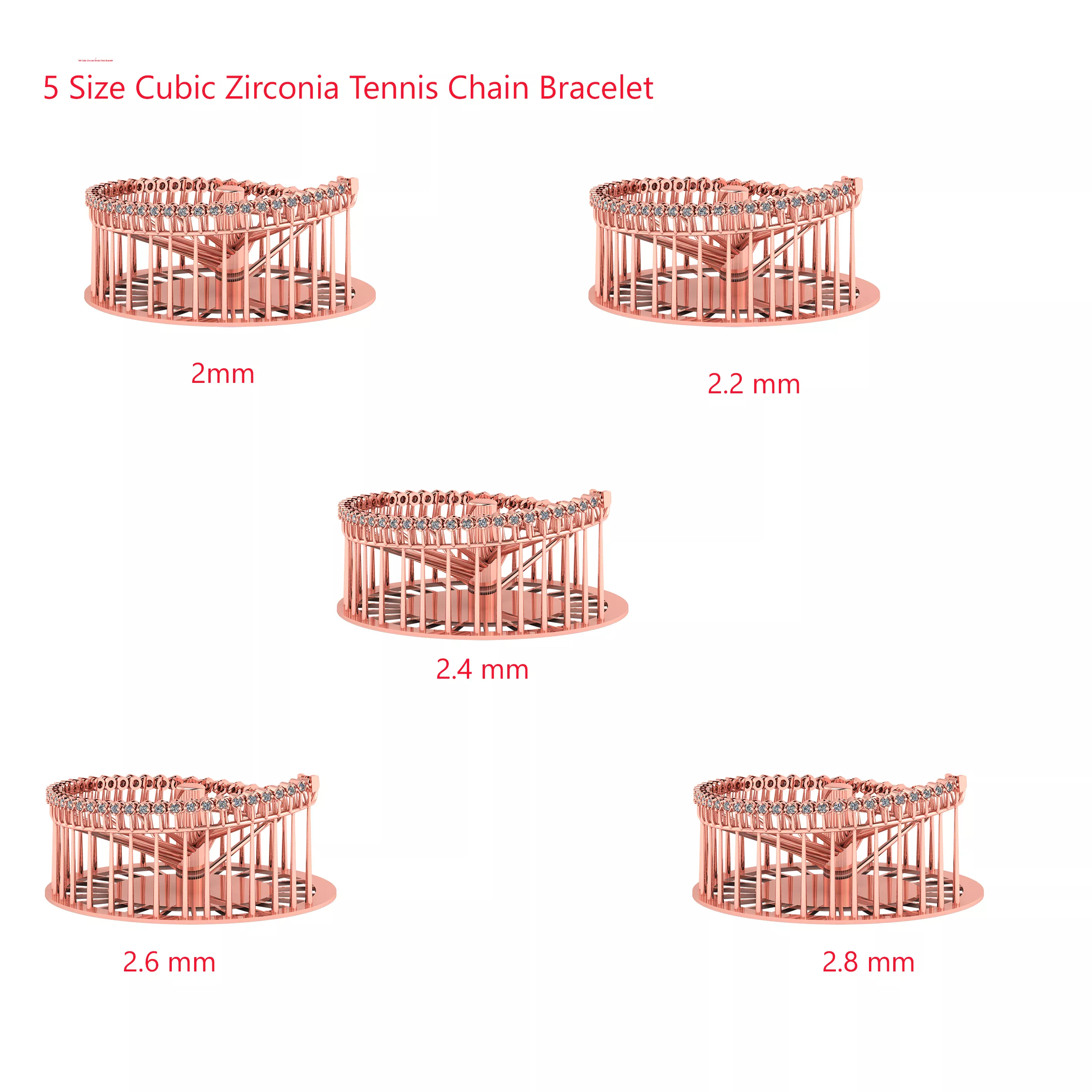 5 Size Cubic Zirconia Tennis Chain Bracelet 3D print model