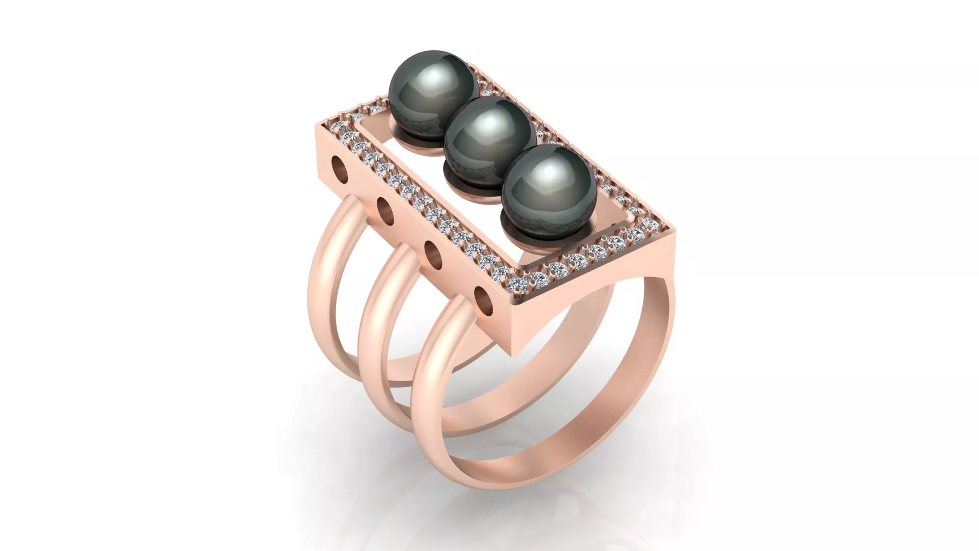 Rose Gold Triple Band Black Pearl Diamond Rectangular Ring Model 3D print model