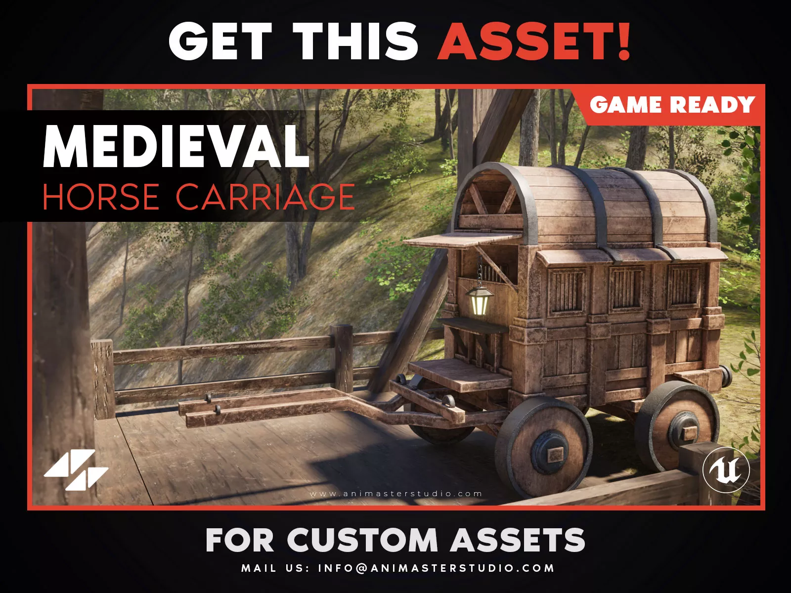 Medieval Wooden Horse Carriage - Rigged and Animated Low-poly 3D model