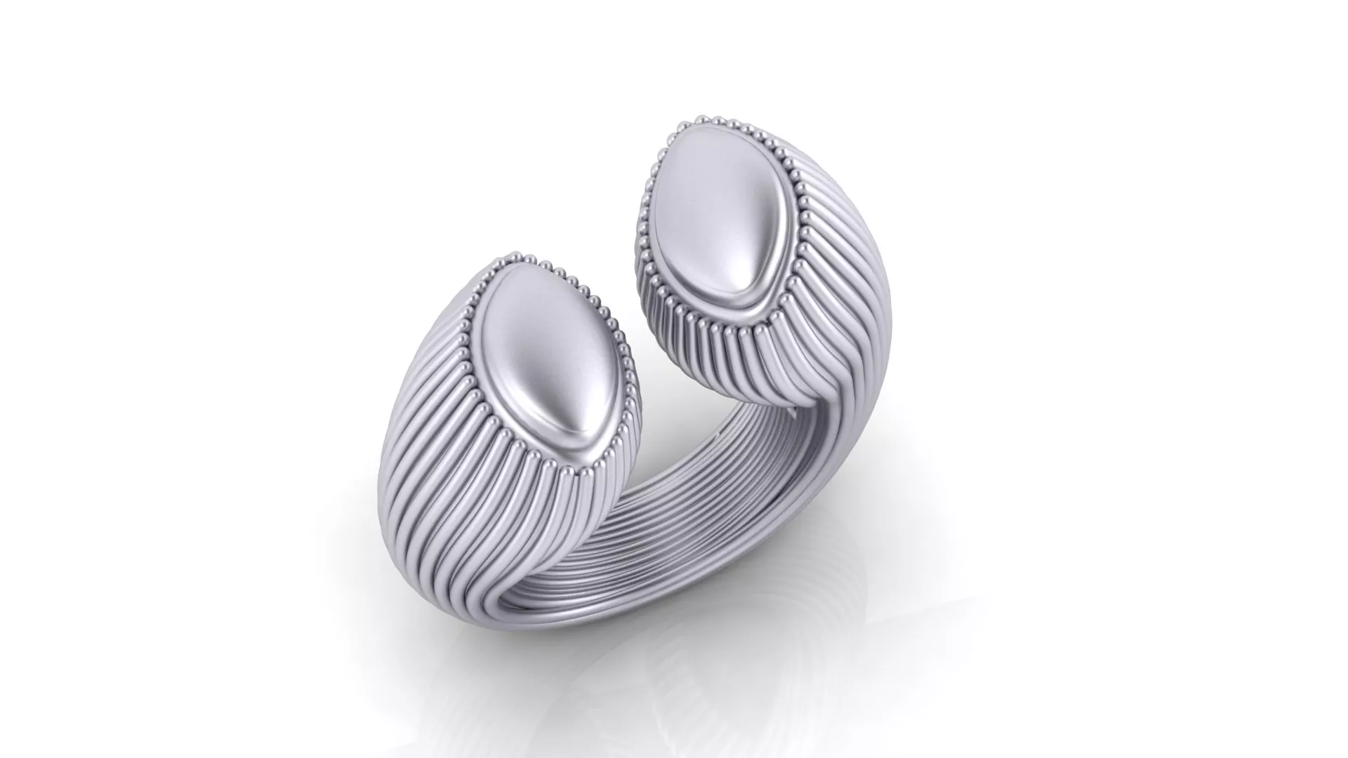 Silver Fluted Textured Open Bypass Cabochon Cuff Ring Model 3D print model