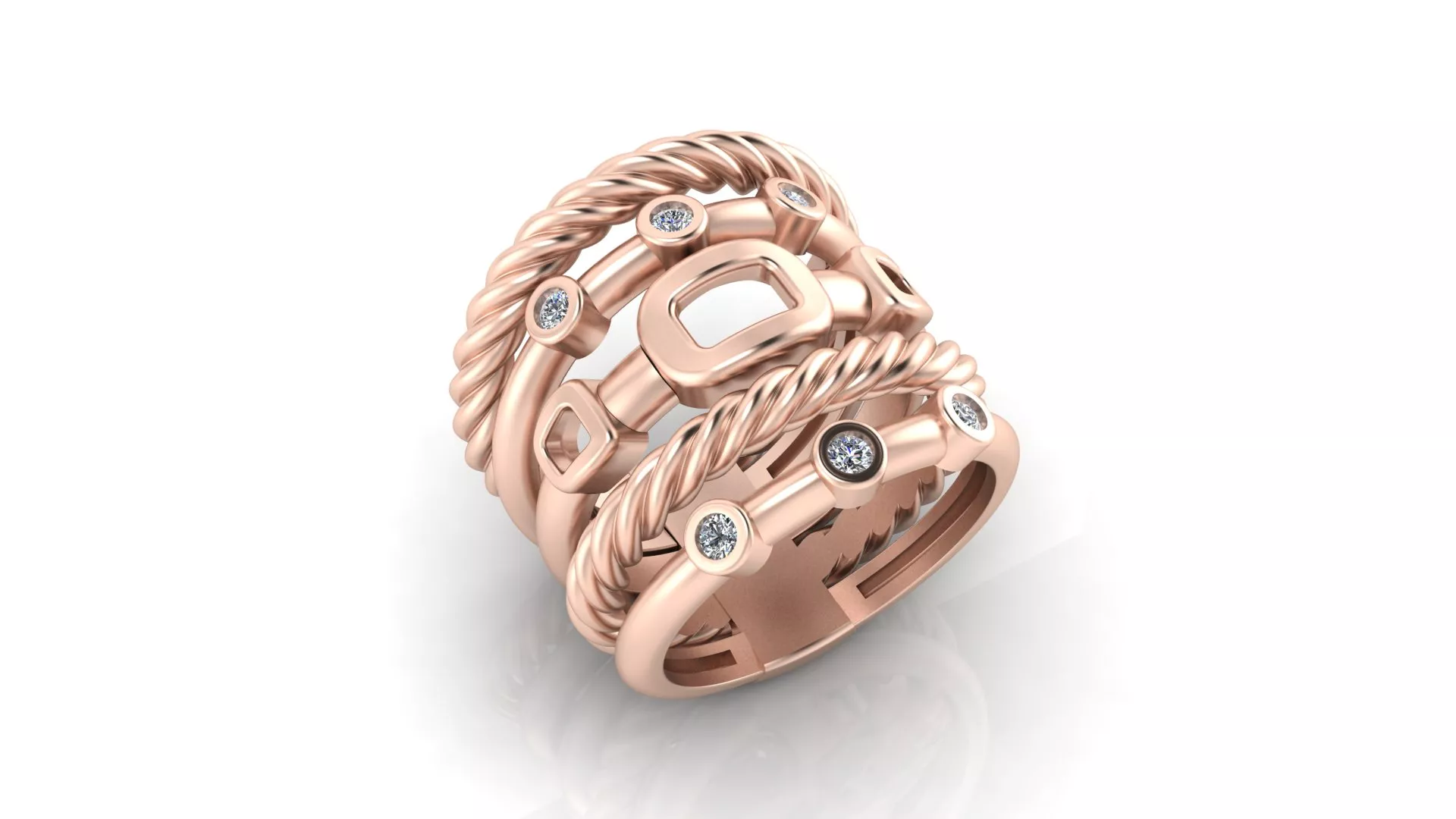 Rose Gold Multi Row Twisted Cable Diamond Buckle Ring Model 3D print model
